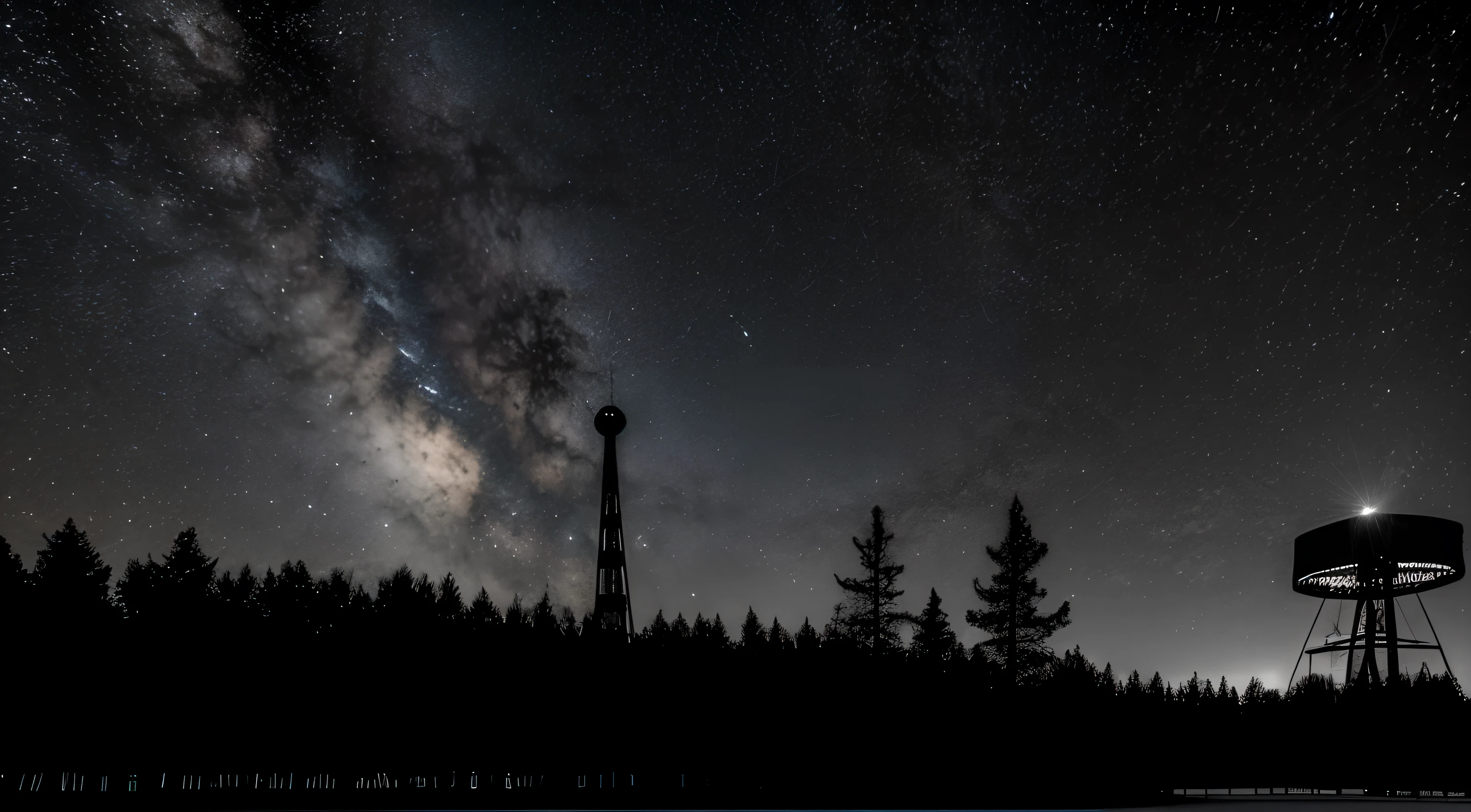 Black and white, giant barren plane surrounded by black ((tree line)) at night, radio tower in distance