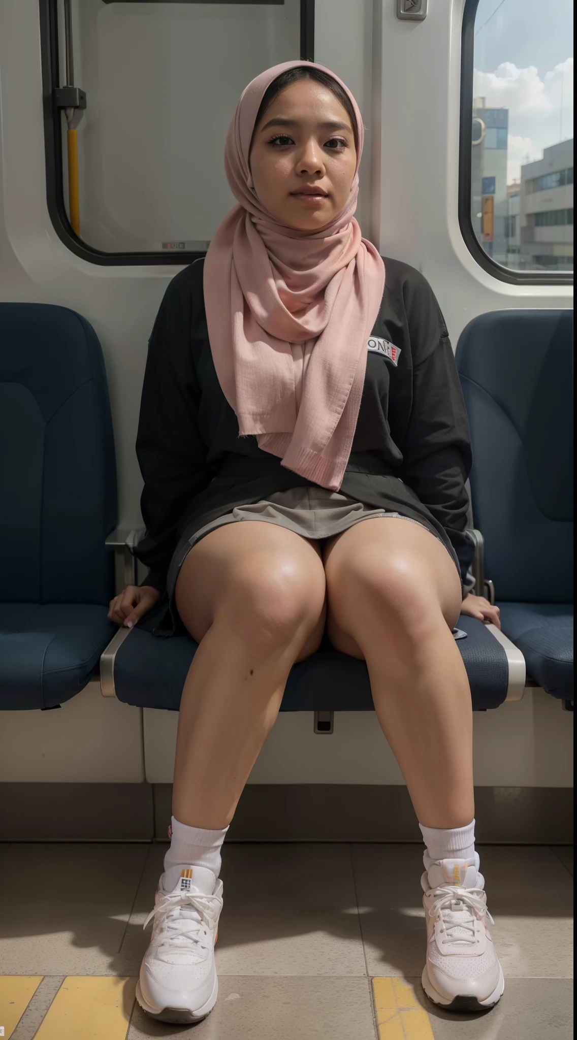 "(Masterpiece, High Definition, Ultra High Definition, 4K) Black hair, 20 years old malay girl (mirafilzah:1.2), wear pstel color hijab, pink pastel uniform skirt, pink high sneakers, emphasizing thighs, white thighs, soft thighs, glossy thighs, sitting on the train, face-to-face angle, (angle from below),sitting in the train seat,Sitting in front,Zoom camera in the crotch,Feet on the train floor,Full body,Looking down and sleepy,Looking at the viewer only", best quality, ultra high definition, (photorealistic:1.4),, high resolution, detail, raw photo, sharp re, Nikon D850 film stock photo by Lee Jefferies 4 kodak portra 400 camera f1.6 lens rich colors hyper realistic lively textures dramatic lighting unreal engine artstation trends cinestir 800,