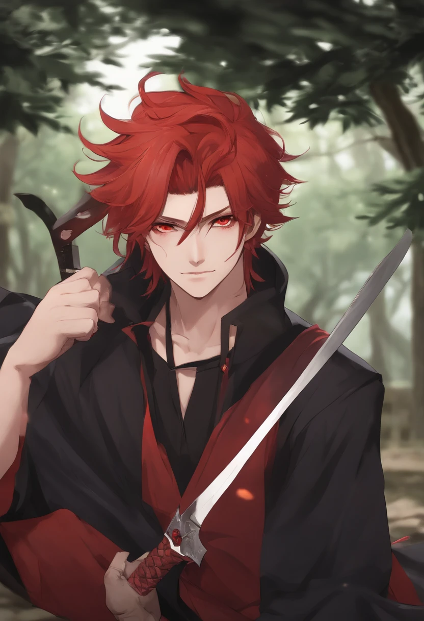 Anime character with red hair and black eyes with knife, handsome japanese demon boy, joker looks like naruto, Anime Boy, ((Red)) baggy eyes, Blade of the Drain Gang, Male anime style, handsome guy in demon slayer art, [[[[grinning evily]]]], nobutaka ike, Gapmoe Yandere
