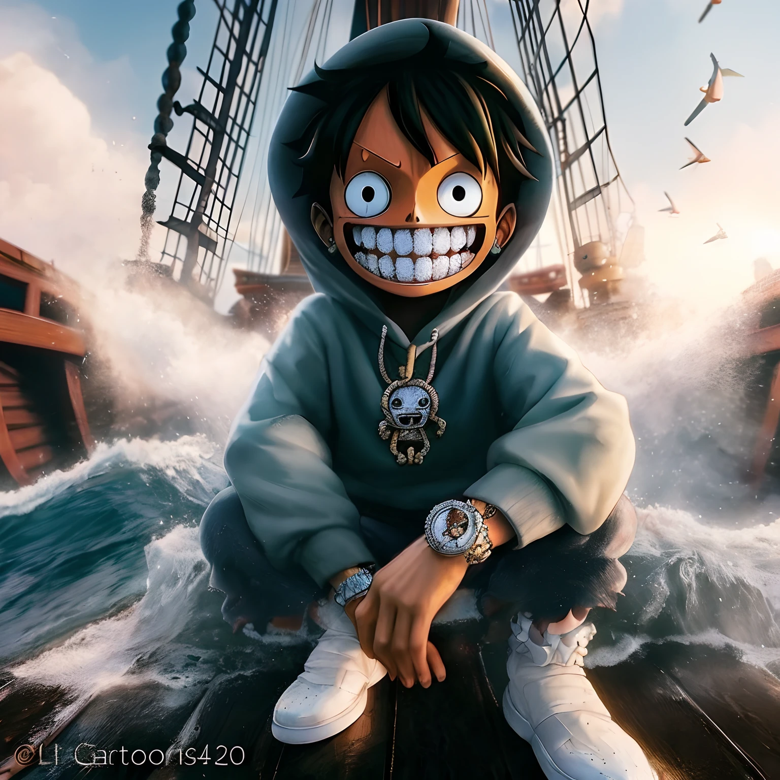 anime character sitting on a boat with a pirate ship in the background, luffy, alien robot luffy, inspired by Eiichiro Oda, from one piece, luffy (one piece, monkey d luffy, luffy from one piece, profile picture 1024px, monkey d. luffy, anime cgi style, portrait of luffy from one piece, one piece artstyle, add flying pills and lean cups in the scene around the character