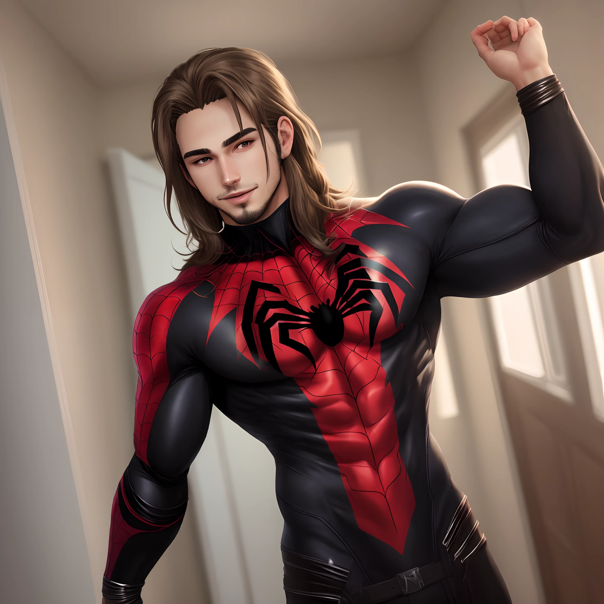 Cabelo preto, gordinho, anime, roupa do homem aranha