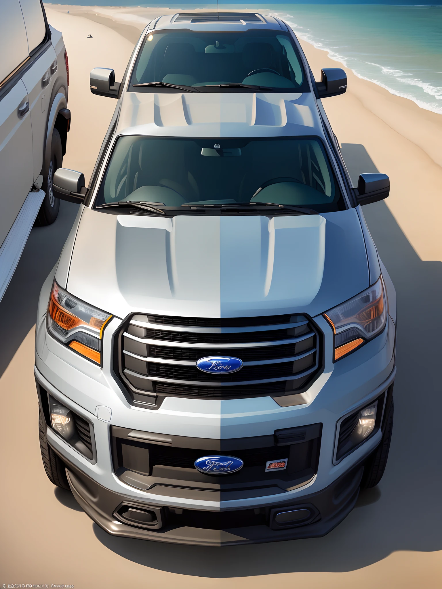 a realistic photo of a 2012 blue flame ford fusion hanging out with a 2012 black ford f-150 on the beach