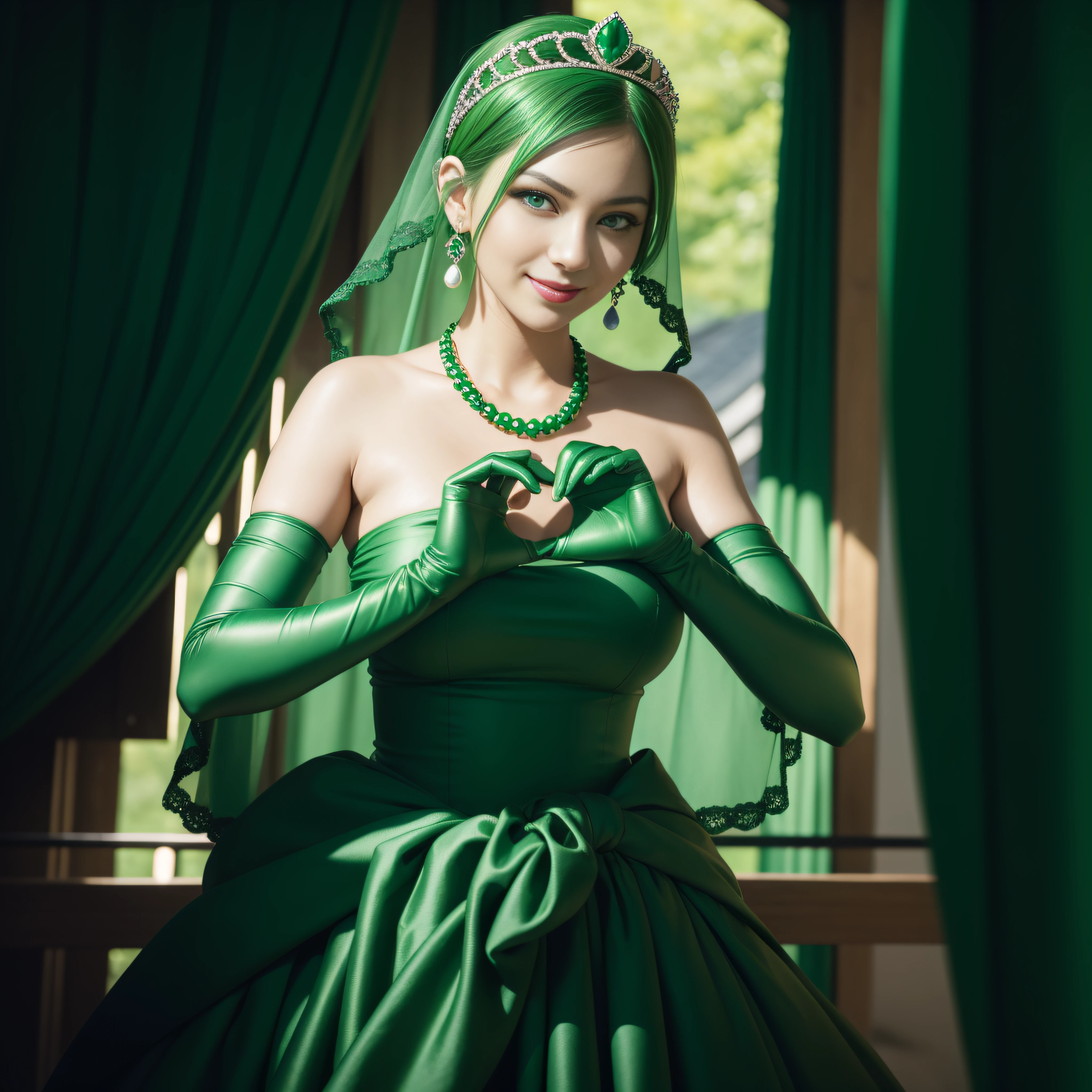 emerald tiara, Green Pearl Necklace, Boyish very short green hair, lipsticks, Japan woman smiling, very short short hair, big breasts beautiful, Green eyes, Long green gloves made of satin material, Green eyes, Emerald Earrings, green vale, Heart with both hands