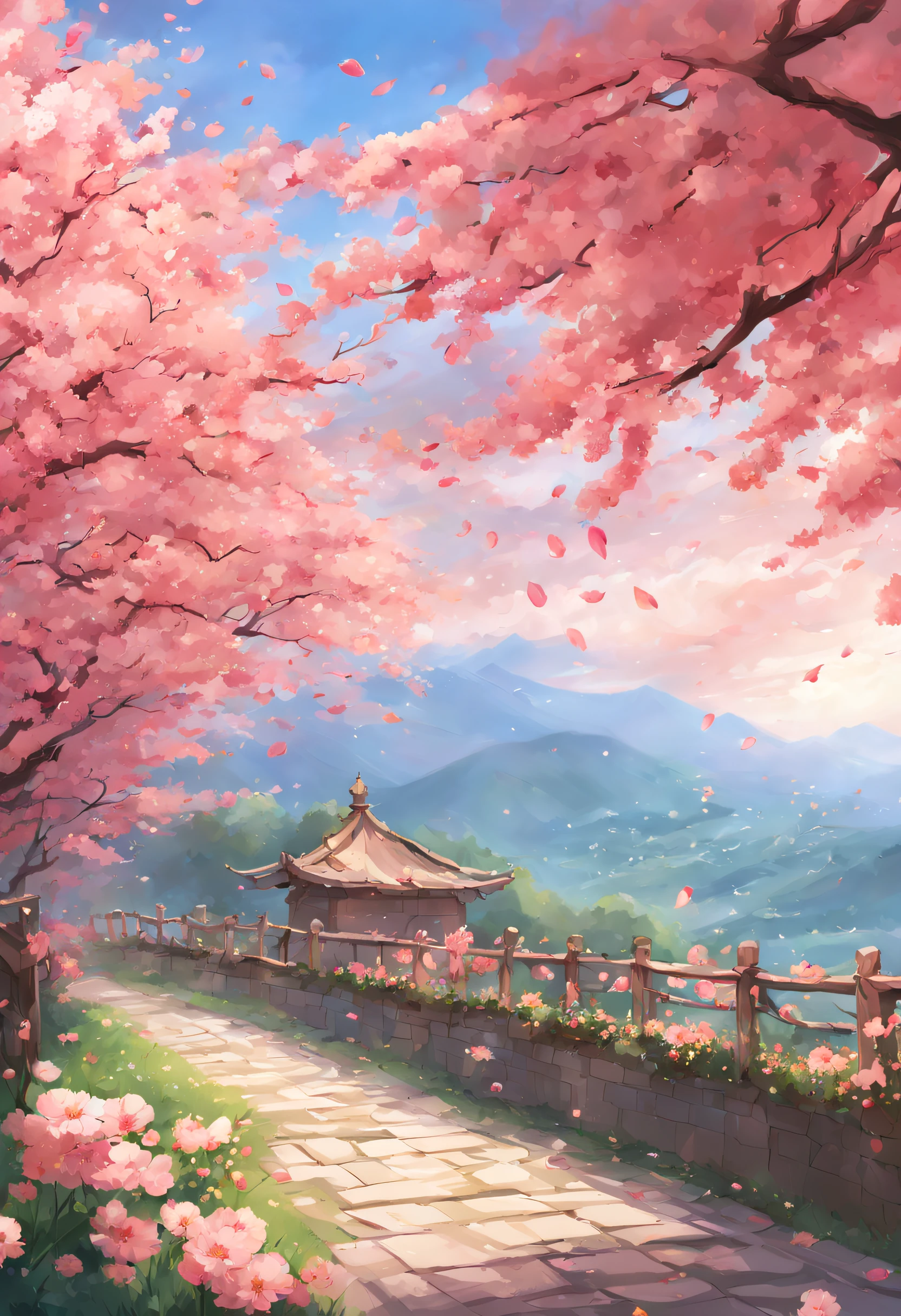 Lush landscapes stretch before your eyes, Rose red,A lush,Peach garden,Peach blossoms are flying,with petals falling, Anime style images