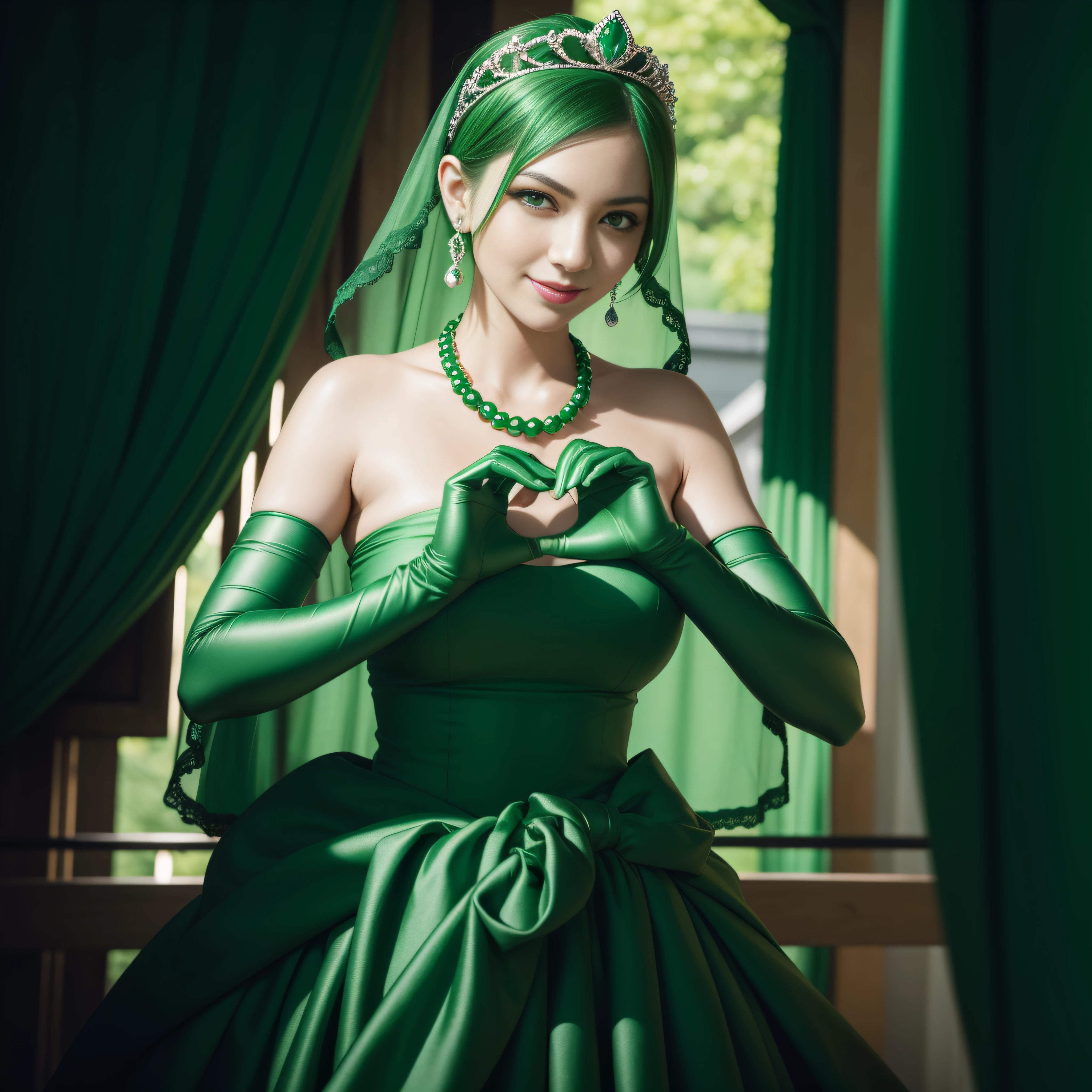 emerald tiara, Green Pearl Necklace, Boyish very short green hair, lipsticks, Japan woman smiling, very short short hair, big breasts beautiful, Green eyes, Long green gloves made of satin material, Green eyes, Emerald Earrings, green vale, Heart with both hands