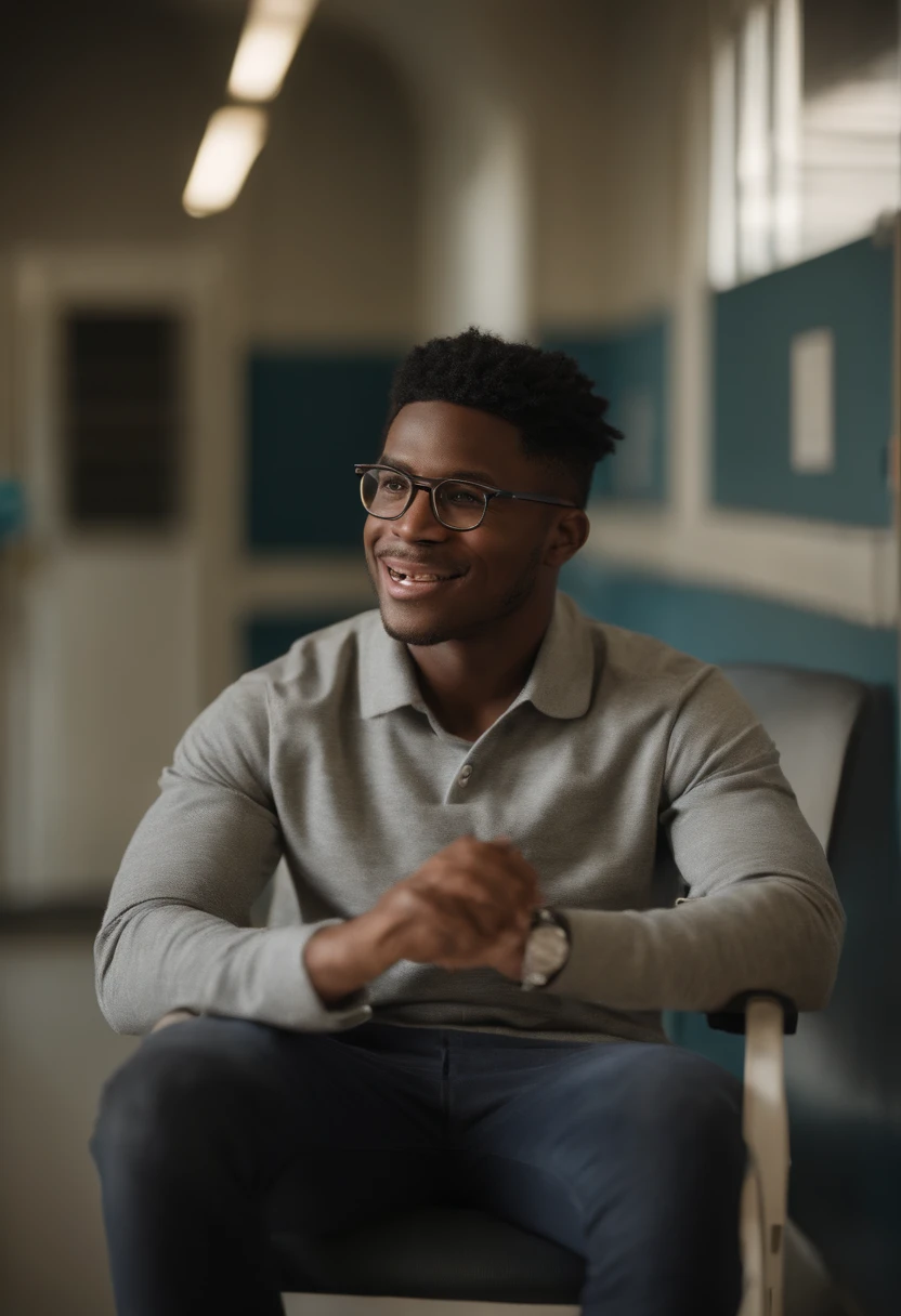 A young 24-year-old doctor, negro, with its rectangular prescription glasses inspired by Pixar animation, de perto. He is in a hospital surrounded by patients and health care workers, each one happy and excited by the presence of the young doctor. The focus is on the character, with a captivating facial expression, in a hopeful scenario of healing.