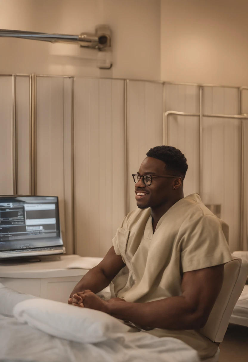 A young 24-year-old doctor, negro, with its rectangular prescription glasses inspired by Pixar animation, de perto. He is in a hospital surrounded by patients and health care workers, each one happy and excited by the presence of the young doctor. The focus is on the character, with a captivating facial expression, in a hopeful scenario of healing.