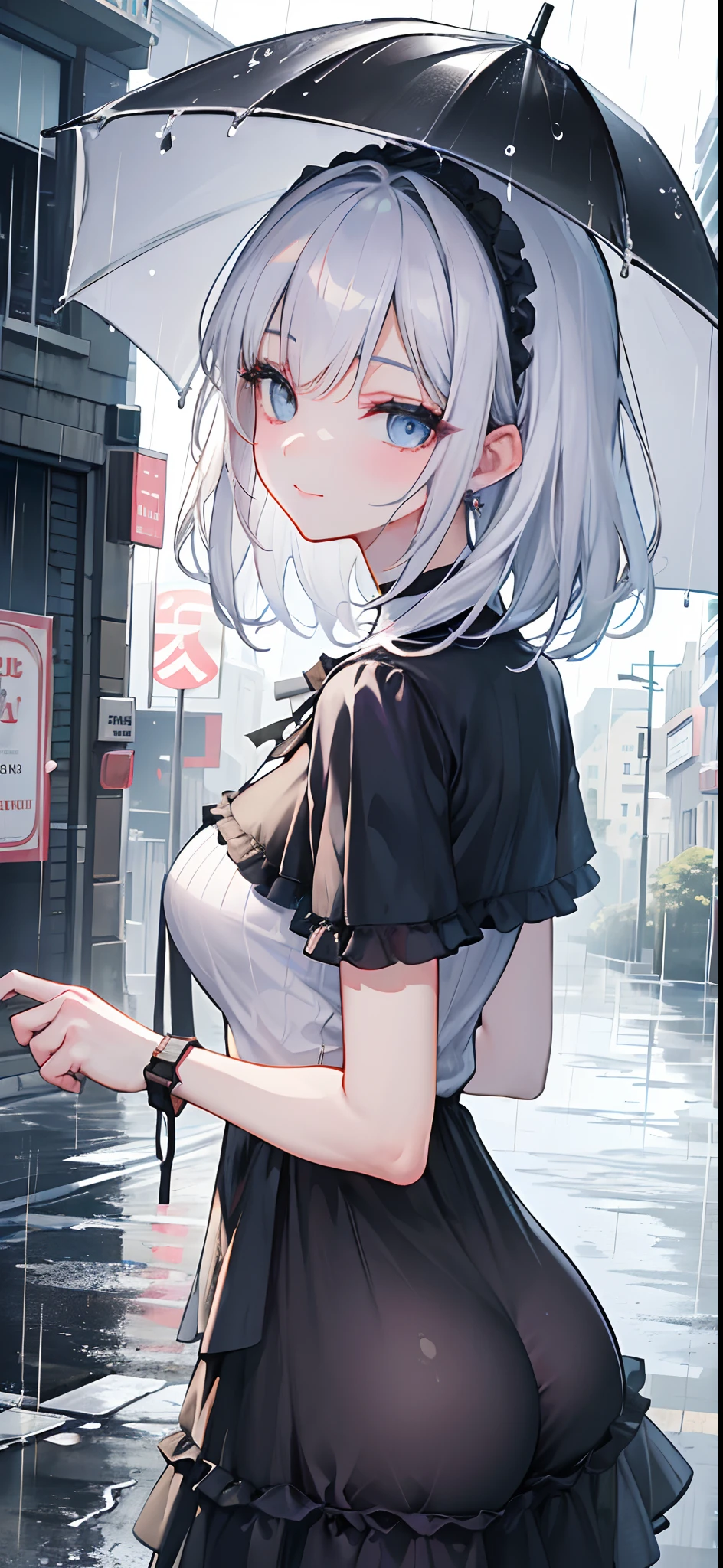 ((Best Quality, 8K, Masterpiece:1.3)), Focus: 1.2, Perfect Body Beauty: 1.4, Buttocks: 1.2, ((Layered Haircut, Breasts: 1.2)), (Wet Clothes: 1.1), (Rain, Street:1.3), Bandeau Dress: 1.1, Highly Detailed Face and Skin Texture, Fine Eyes, Double Eyelids, Whitening Skin, Long Hair, (Shut Up: 1.3), Smile