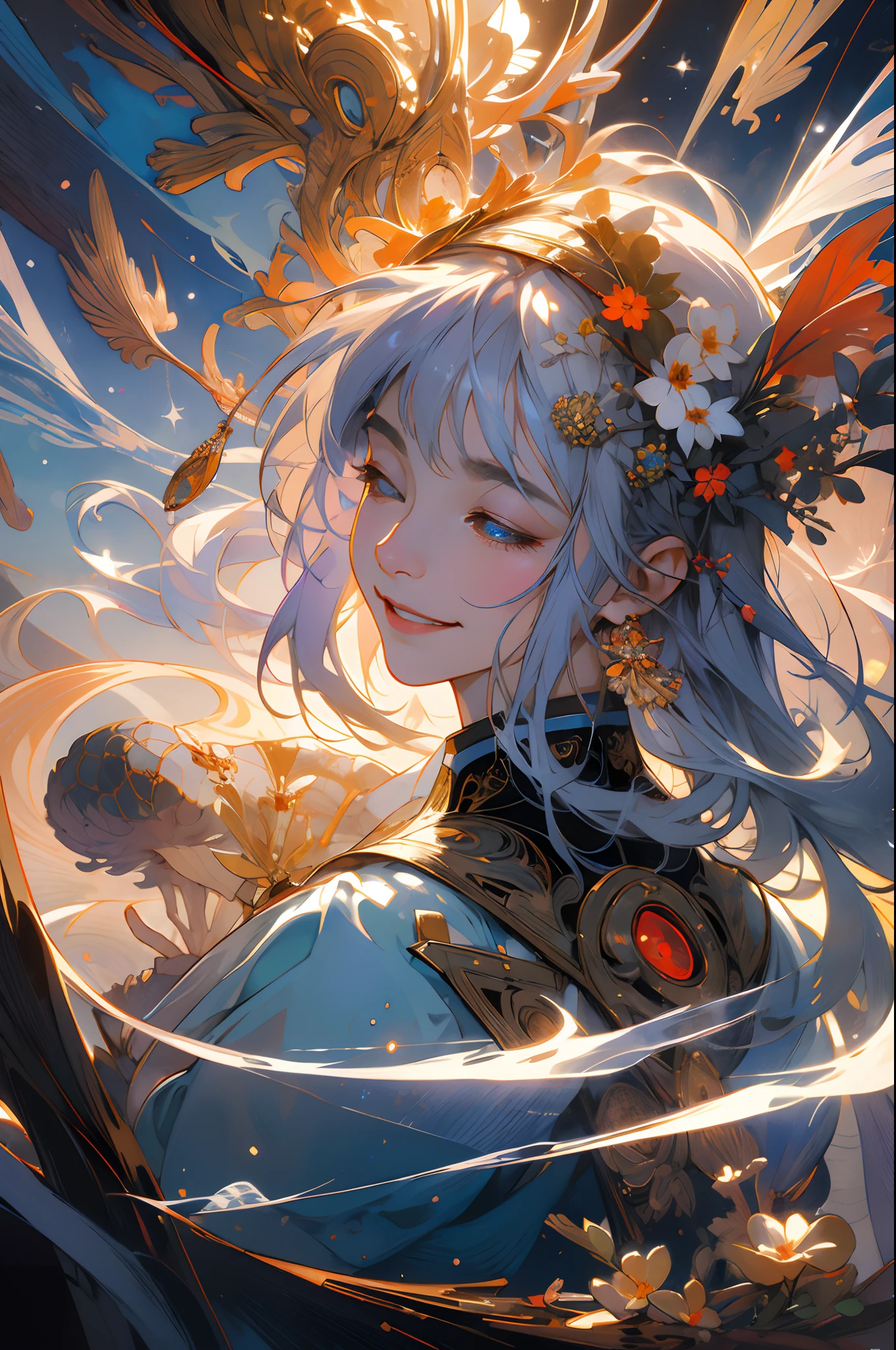 Beautiful gray hair quadratic girl with spiritual awakening,Smile symmetrically all over the body,closing her eyes,intricately details,The ethereal mysterious environment of the universe,Named after Greg Rutkovsky,RHADS,beeple,lois van baarle,Ilya Kuvshinov,rossdraws,tom bagshaw,A masterpiece of Alphonse Mucha's brush stroke style,Ultra-high resolution, High quality。