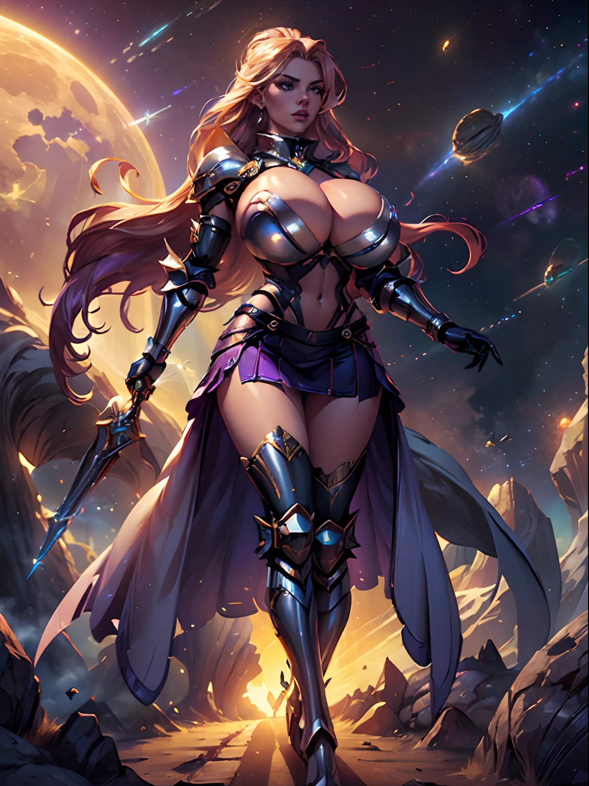 (masterpiece, top quality, best quality, official art, beautiful and aesthetic:1.2), (1girl:1.3), extremely long curly golden hair, extremely detailed, portrait, looking at viewer, solo, (full body:0.6), detailed background, close up, (cool science fiction space theme:1.1), extremely busty valkyrie, charlatan, mysterious, shooting lasers in space, cybernetic angel, huge feathered wings, chrome boob armor, dark purple streamers and skirts and sleeves and knee wrappings, cybernetic implants, mechanical hand, laser cannon, arm cannon, revealing chrome armor, bare midriff, glowing laser energy, halo, intricate armor, ornate chrome armor, sheer white fabric, elegant purple fabric, skirts, streamers, cowl, boots, bracers, ((((gigantic breasts))), slim waist, slim hips, long legs, athletic, SPACE, futuristic moon, (space exterior:1.1) background, dark mysterious lighting, shadows, magical atmosphere, dutch angle