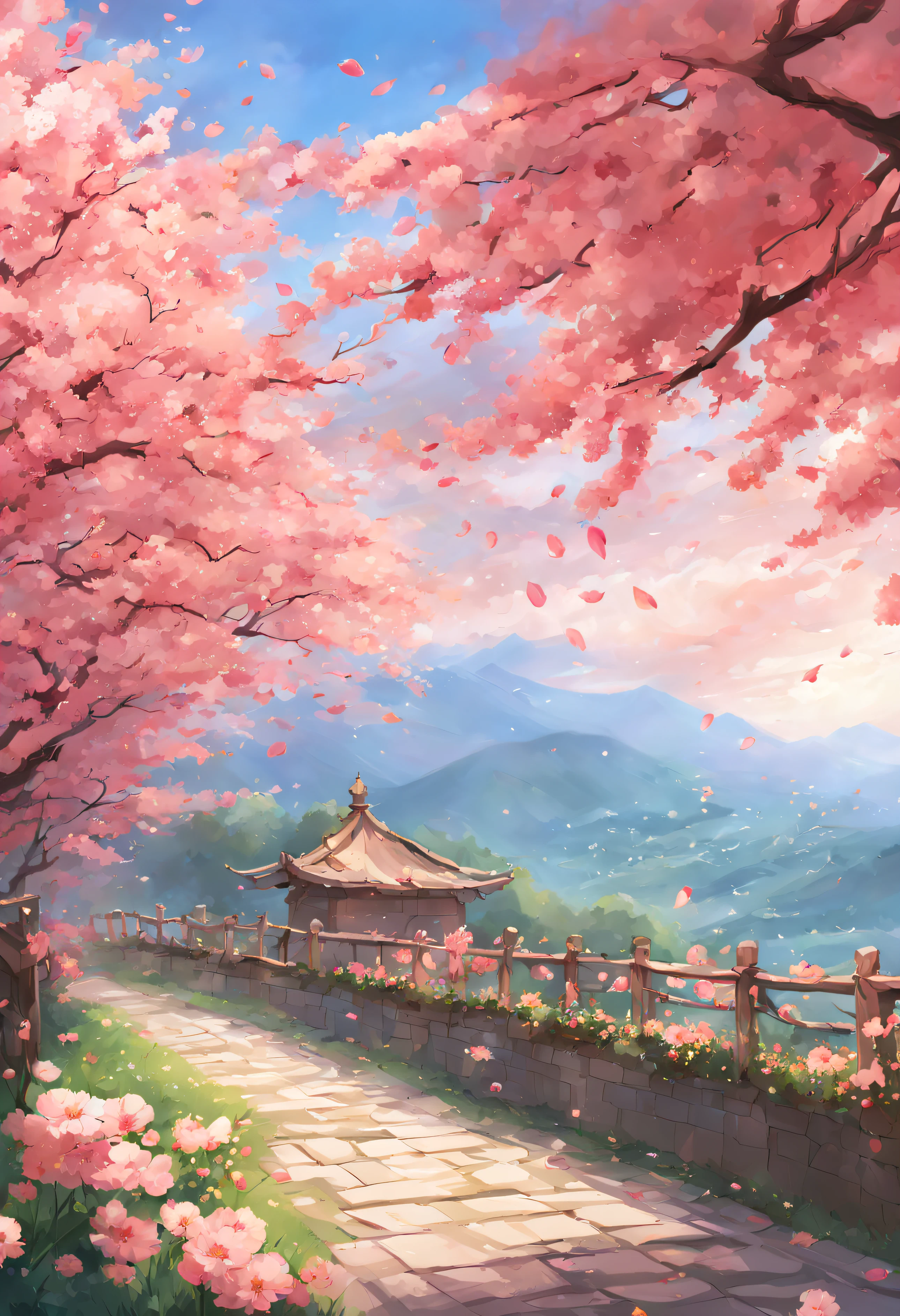 Lush landscapes stretch before your eyes, Rose red,A lush,Peach garden,Peach blossoms are flying,with petals falling, Anime style images