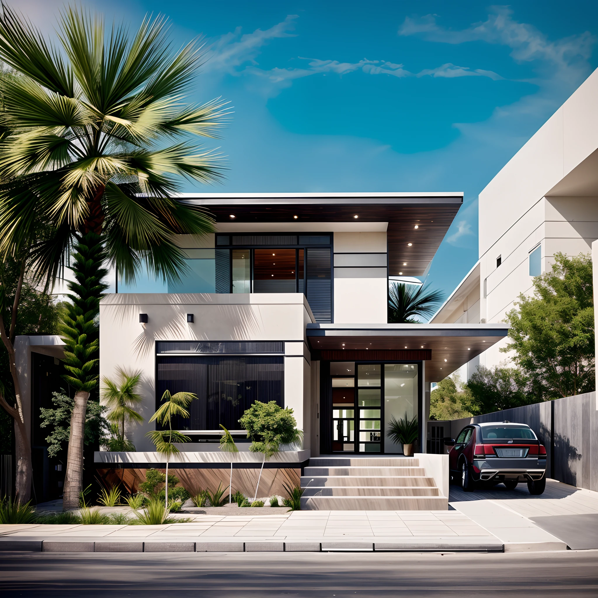 a view of a modern home with a large front yard, main material by white wall and stone and wood,  1 road runs in front of the house,  (RAW photo, real, best quality, masterpiece:1.2), look morden minimalist, 1 road in front of the house, shime ring light, light brighteness from indoor:1.2, dynamic lighting:1.3, (hyper realistic, photo-realistic:1.2), high quality, day lighht, hight contrast :0.5 perfect lighting, archdaily,  award winning contemporary, contemporary masterpiece, well-designed masterpiece, large modern residence, neotraditional modern, wide angle exterior 2022, midcentury modern, contemporary house, hip modern vibe, a long-shot from front, award winning modern design, stunning lines, residential, subtle detailing, light indoor:1.3