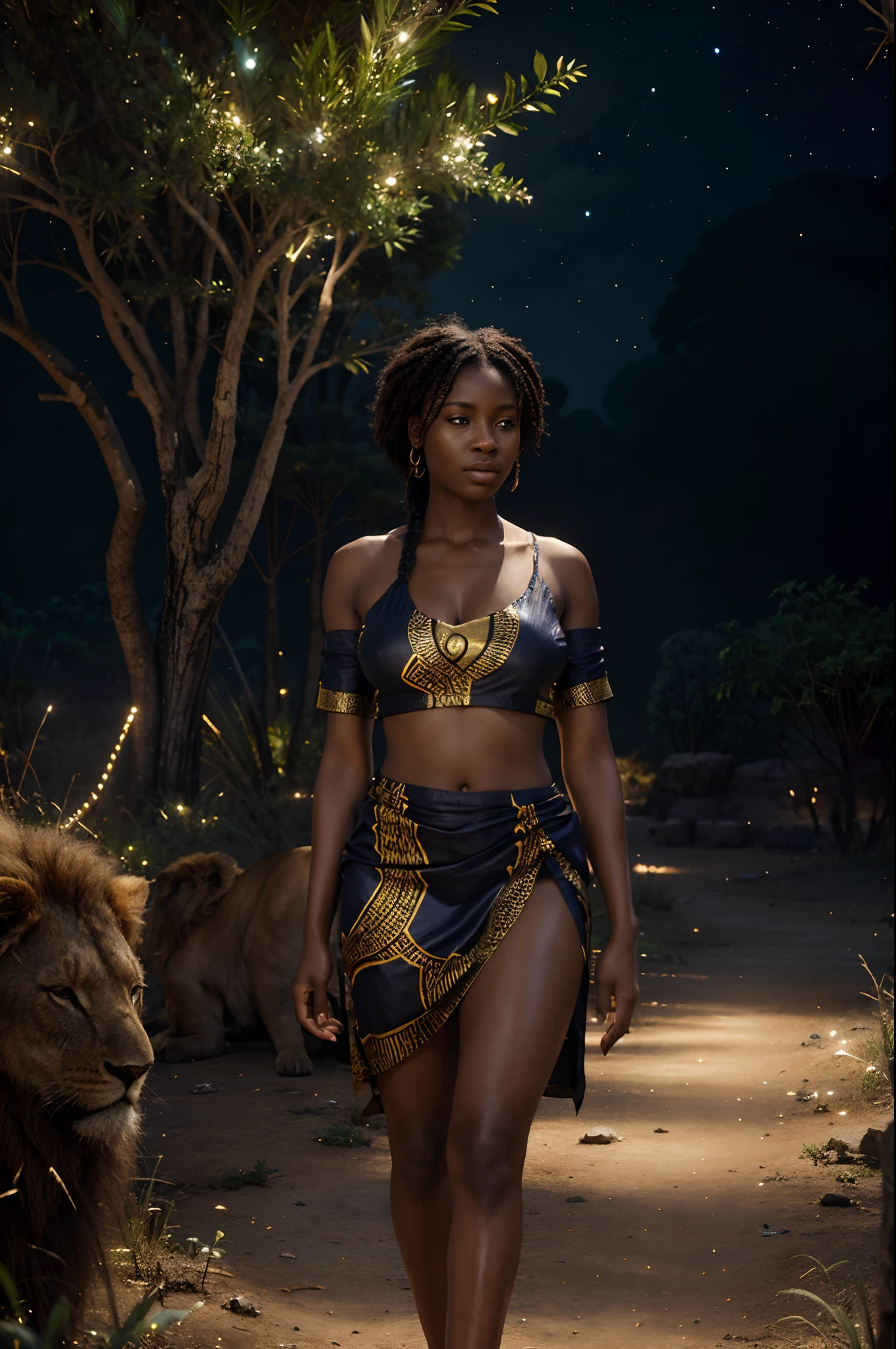 African woman dressed in african designed clothes, standing in the wilderness next to a sleeping lion, night time with fireflies shining all over the scene, blue light shining all over the scene, fantasy art, cinematic lighting, artgerm style, 32k, ultra HD, unreal engine rendered, hyper-realistic image
