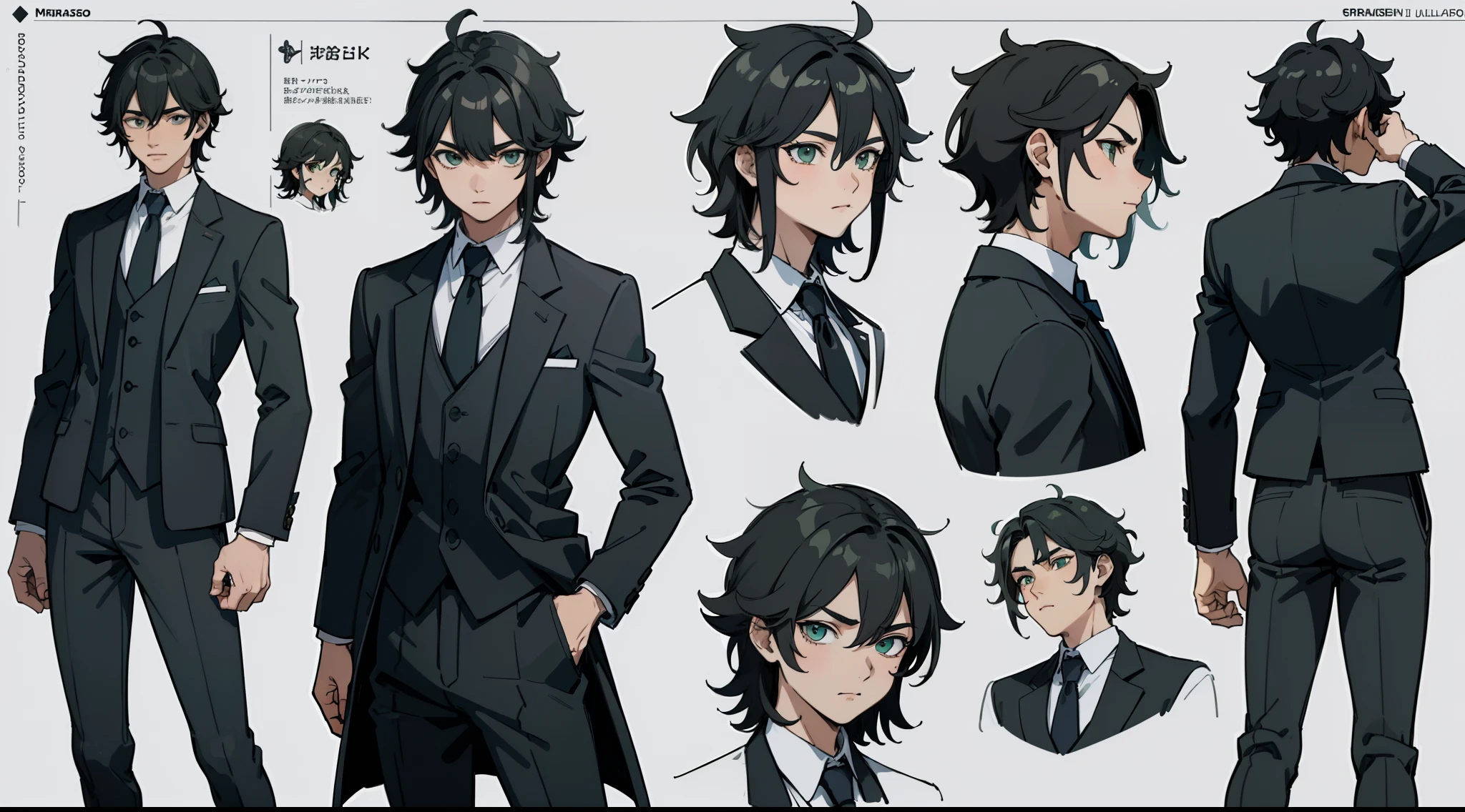 ((Masterpiece, Highest quality)), Detailed face, character sheets, full bodyesbian, 1boys, Green eyes, Black hair, short detailed hair, Messy hair, ((pointy hair)), hair between eye,Suits, gray theme, Full of details, Multiple poses and expressions, Highly detailed, Depth, Many parts