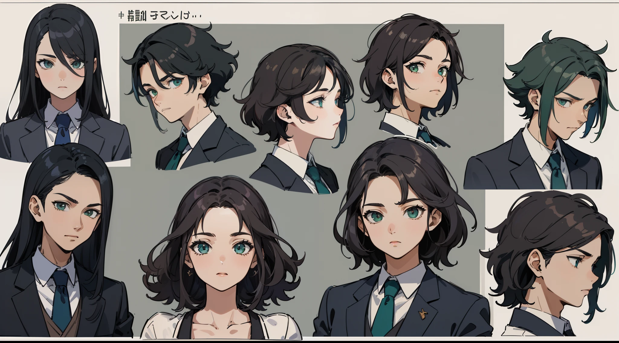 ((Masterpiece, Highest quality)), Detailed face, character sheets, full bodyesbian, 1boys, Green eyes, Black hair, short detailed hair, Messy hair, ((pointy hair)), hair between eye,Suits, gray theme, Full of details, Multiple poses and expressions, Highly detailed, Depth, Many parts