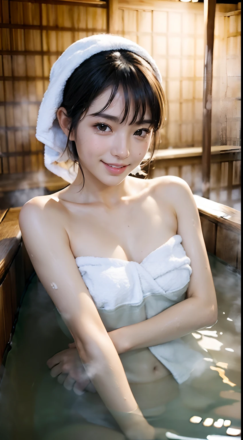 (((Face the front of your body at the camera:1.8))), ((Towel Tube Top:1.5)), ((wariza:1.8)), (hot onsen:1.8, outdoor bath:1.8), (ssmile:1.8), 1girl in, 独奏, 18year old, 7headed body, Ideal ratio body proportions, erectile nipple, short-hair, A dark-haired, With bangs, small tits, A slender, Small buttocks, beauty legs, Skinny Legs, surrealism, Cinematic lighting, depth of fields, One-person viewpoint, F/1.8, 135 mm, nffsw, masutepiece, ccurate, ((Anatomically correct:1.3)), Textured skin, Super Detail, high details, High quality, awardwinning, Best Quality, hight resolution, 8K