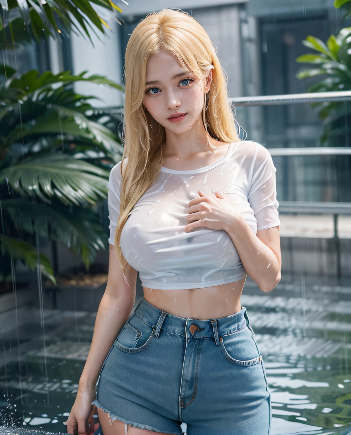 1girl, Blue eyes, (smile), (Sana Minatozaki), wide hips, Big Boobs, big ass, (Best Quality, 8k, Masterpiece: 1.3), perfect hands, Clear Focus: 1.2, Perfect Body Beauty: 1.4 , Slender Abs: 1.2, Highly detailed face and skin texture, (rain soaked body :1.3), detailed eyes, double eyelids, (blonde wet long hair :1.2), (wet t-shirt :1.3), (jeans), standing in the rain, dynamic pose, rainy day, in a busy neighborhood of Tokyo