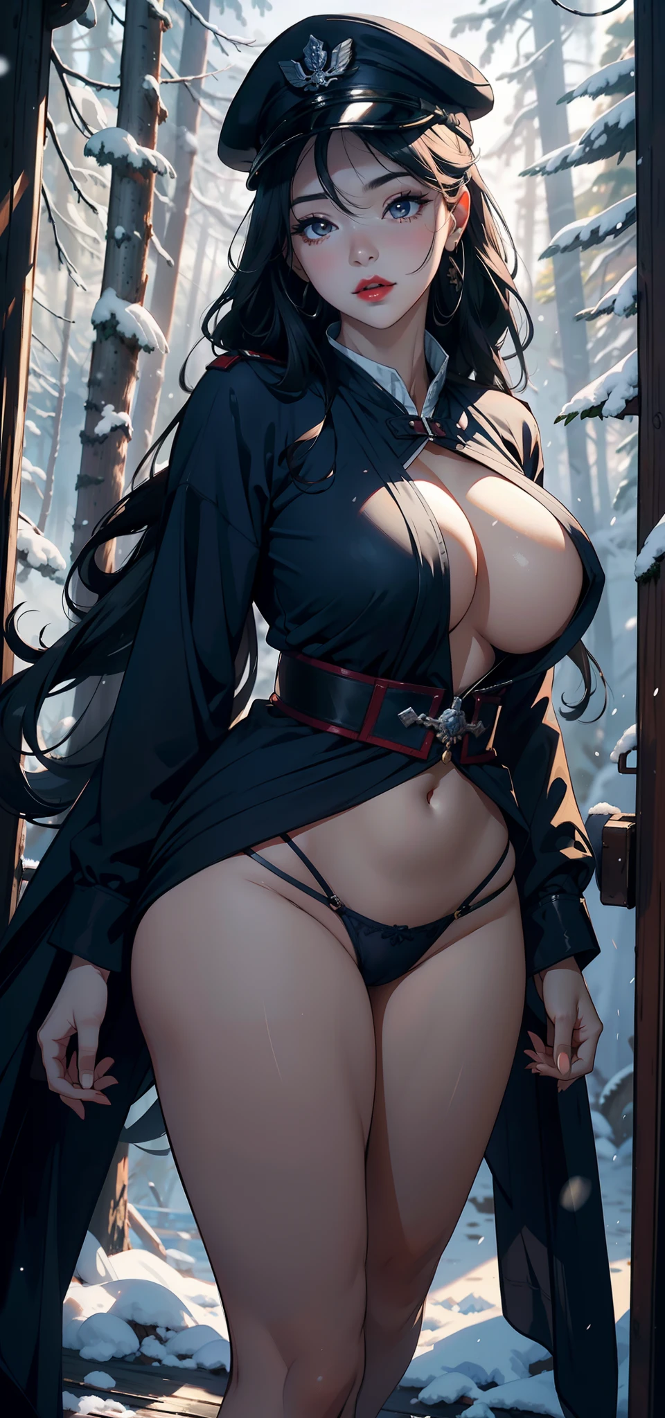 1female,1female,45 yers old,Married Woman,熟妇,mature,plumw,extremely large bosom,Big breasts Thin waist,long leges, 独奏,(Background with:coniferous forest,SakuraNS,at winter season,Snow on the ground) She has long black hair,bobo head,,seen from the front, standing in forest, mostly cloudy sky,(((tmasterpiece),(Very detailed CG unity 8K wallpaper),best qualtiy,cinmatic lighting,detailed back ground,beatiful detailed eyes,Bright pupils,Black eyes,Snow-whiteskin,Redlip(Very fine and beautiful),(Beautiful and detailed eye description),ultra - detailed,tmasterpiece,))facing at camera,A high resolution,ultra - detailed),laughingly,revealing breasts,Bare genitalia, Bulge,legs are open,Raised sexy,Camel toes,Flushed complexion,Desire for dissatisfaction,frontage,Navy(Wearing:Blue officer dress,Officer's cap)