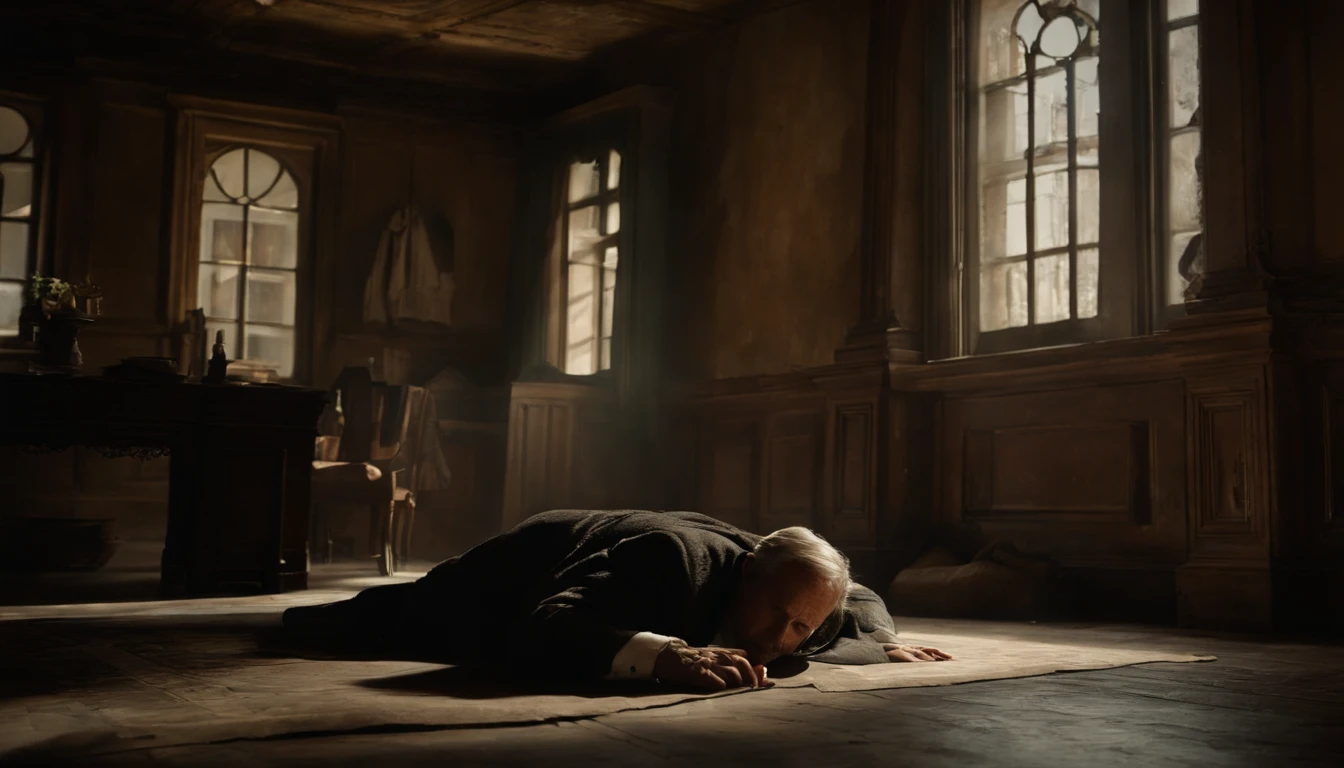 ```(("Guardians of the Past: Person Lying on the Floor in an Old House, Watched Over by Vigilant Men")) in a haunting and protective composition. Depict a person lying on the timeworn floor of an ancient house, their figure almost blending into the faded surroundings. Surrounding the prone individual, several men sit on guard, their eyes watchful, their faces etched with determination. Capture the dilapidated state of the room – crumbling walls, tattered tapestries, and ancient artifacts strewn about, telling tales of a forgotten era. Emphasize the men's vigilant posture, as they remain steadfast in their protective watch over the fallen person. Convey a sense of both vulnerability and safeguarding, highlighting the contrast between the frailty of the person on the floor and the unwavering strength of those guarding them. Use an art style that exudes a sense of faded grandeur and solemn determination, employing (((subdued, desaturated colors and stoic expressions))) to create a visually evocative portrayal of the person lying on the floor, guarded by the vigilant men in the room of the old house, capturing the poignant interplay between protection and vulnerability in the scene.
```