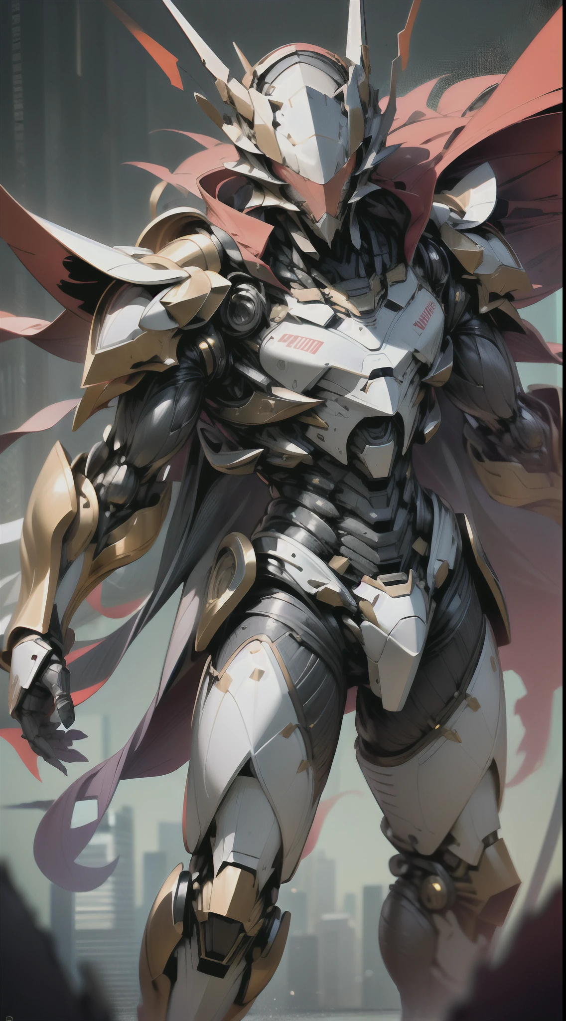 (best quality,4k,highres,masterpiece:1.2), ultra-detailed, HDR, vivid colors, bokeh, (bright white sleek thin exosuit, knight helm:1.1),(gold draconic armor accents:1.1), (dark red cape), proper anatomy of a man, (facing at camera), full body shot, (colorful fierce city battle background), explosions, firmly on ground