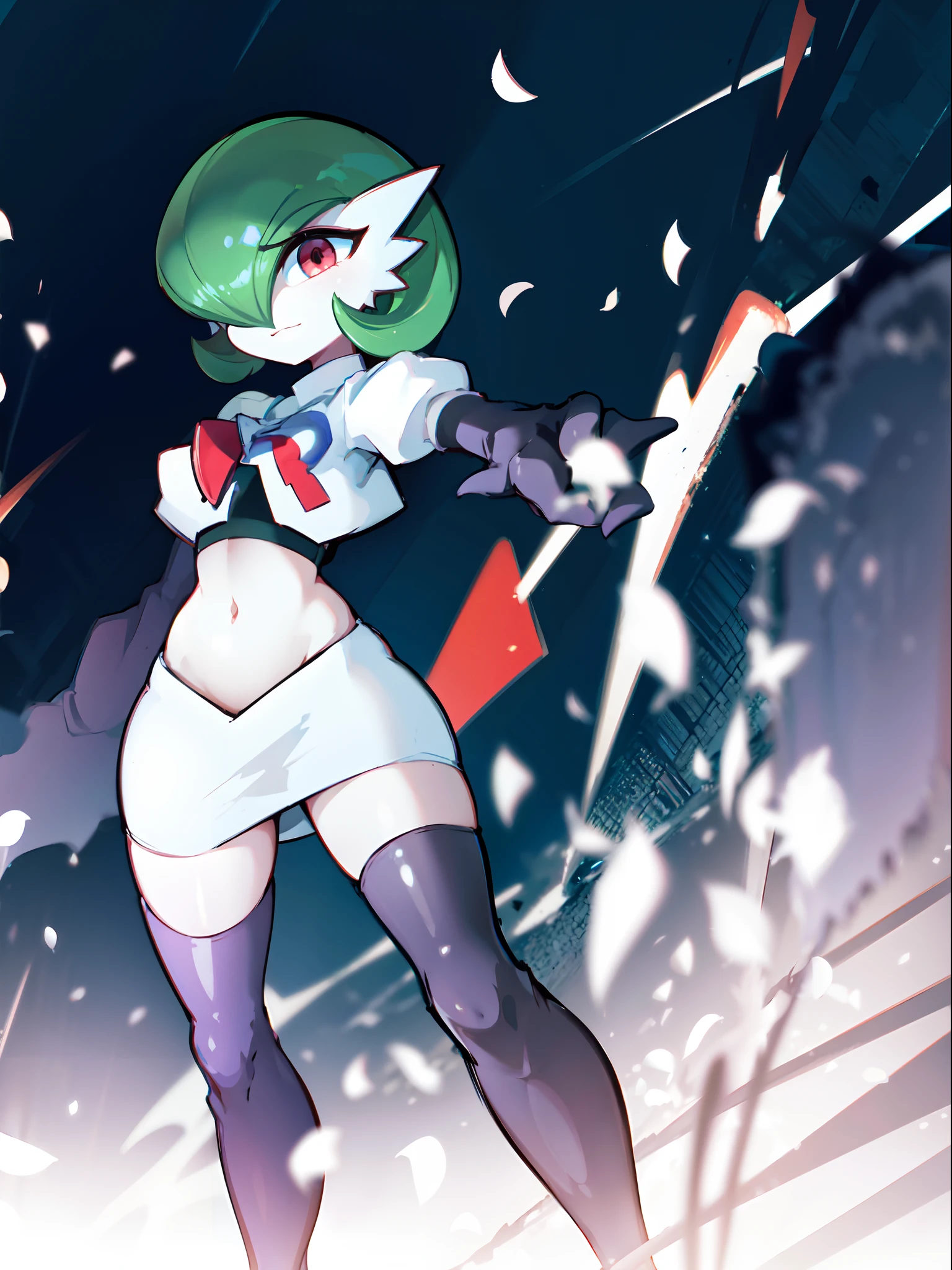 gardevoir,1girl,team rocket,team rocket uniform,white skirt,crop top,black thigh-highs,black elbow gloves,