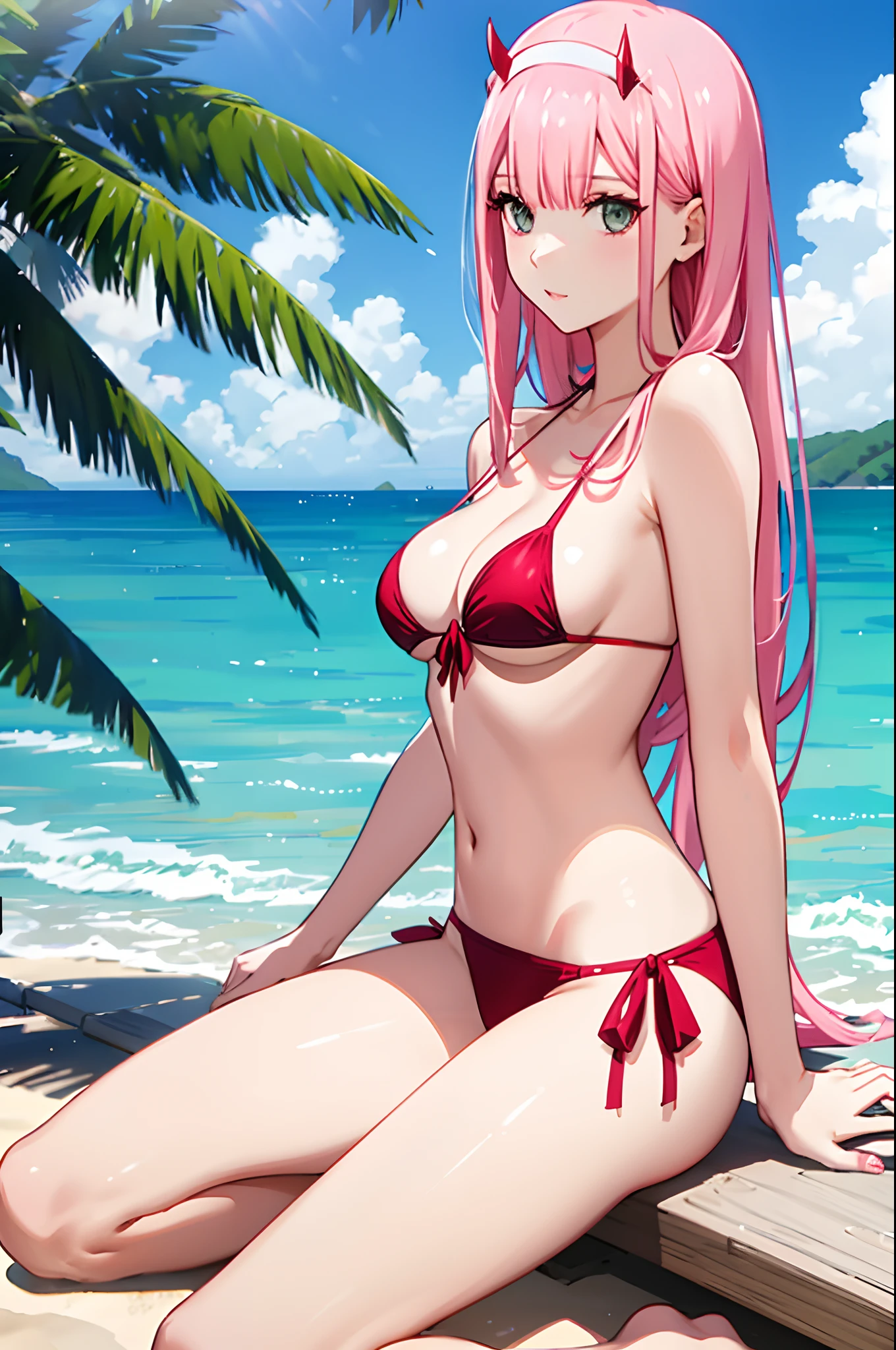 zero two, side tie bikini, medium breast, slim legs, sunny day, Beach, leaning, beautiful eyes