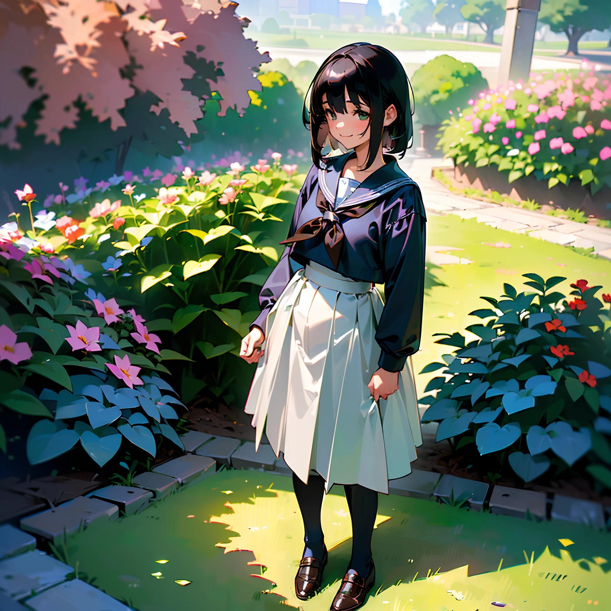 (Best Quality, hight resolution, Ultra-detailed, Realistic:1.37), peaceful ambiance, (plein air, garden), Teenage girl standing alone, Beautiful detailed features, Cute smile, ((Black bob hair)),Navy blue sailor suit, Pleated skirt,Black tights,Brown leather shoes.