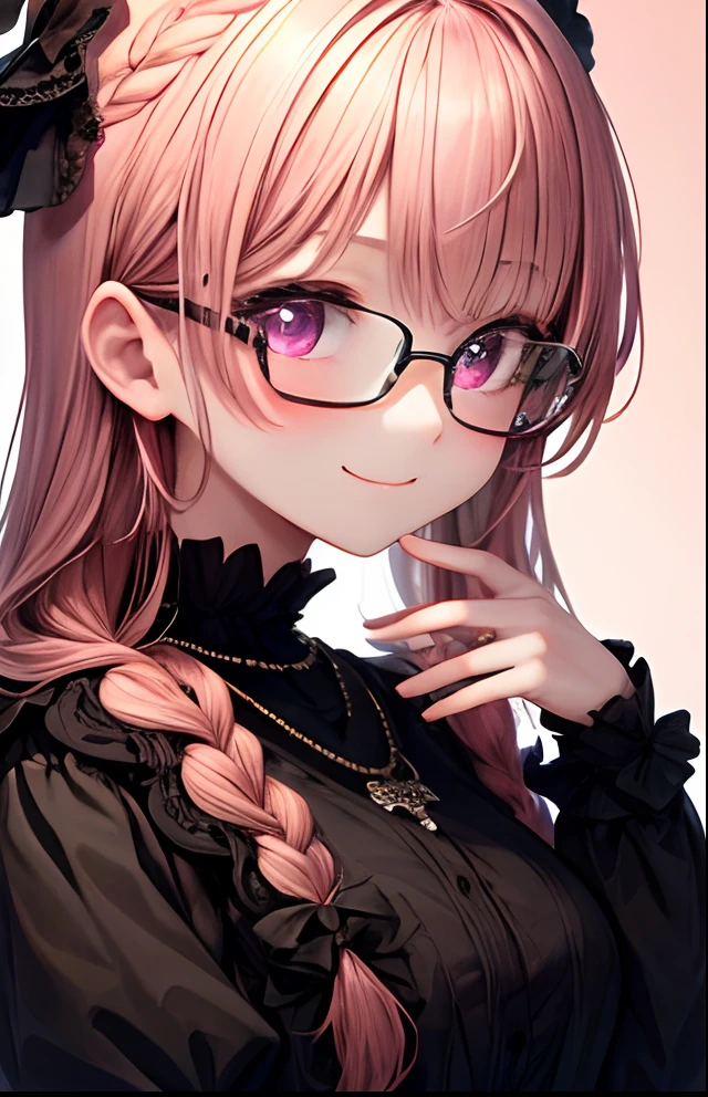 girl with、No background、without background、Background through、Reddish glow-brown braided hair,With thick black-framed glasses,Light pink eyes、Sareme、Comes with a cute black ring necklace,Brown and red Lolita clothes,Henyo Henyo smile、Shy face、kawaii、No background