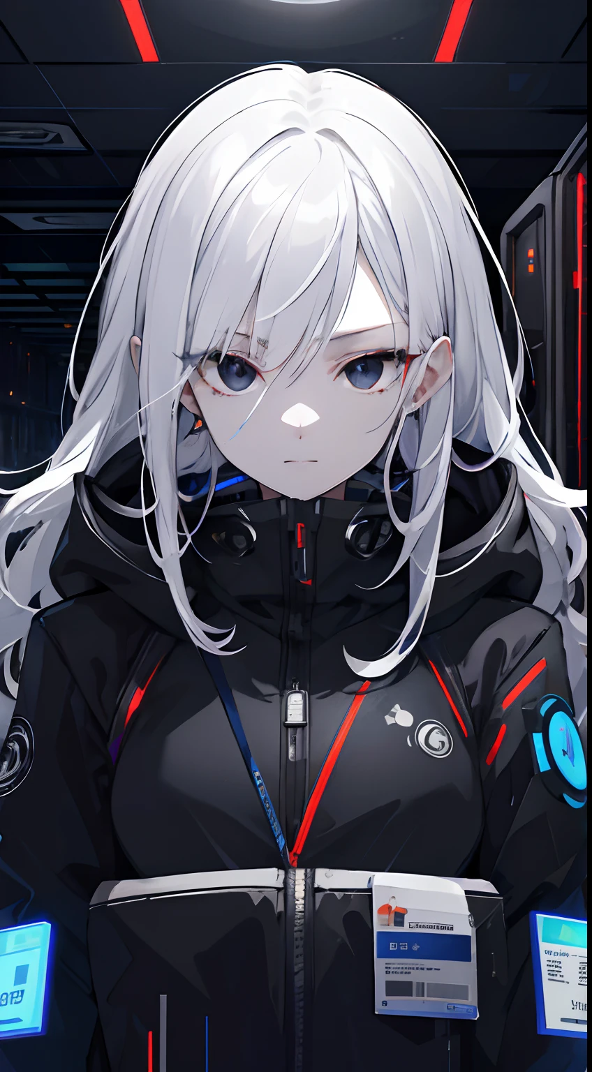 (absurdres, highres, ultra detailed), 1woman, mature female, aged up, wavy long hair, white hair, black eyes, bangs, long sleeves, finely detailed eyes and detailed face, extremely detailed CG unity 8k wallpaper, intricate details, portrait, looking at viewer, solo, (full body:0.6), detailed background, detailed face, (matrix theme:1.1) evil high-tech futuristic hacker,  advanced technology, hoodie, techwear, wearable device, keycard, cables, head-up display, blue (holographic display:1.05), access granted,   cybersecurity, server room in background, orange lights,  dark sinister atmosphere, , portrait, wind swirling