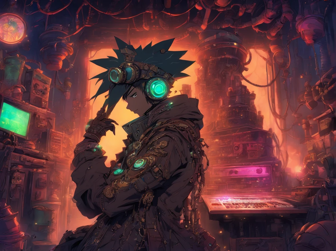Steampunkai, punk androide, usando um chapeu, steam punk , Creating music with various synthesizers in his lab in a post-apocalyptic slum