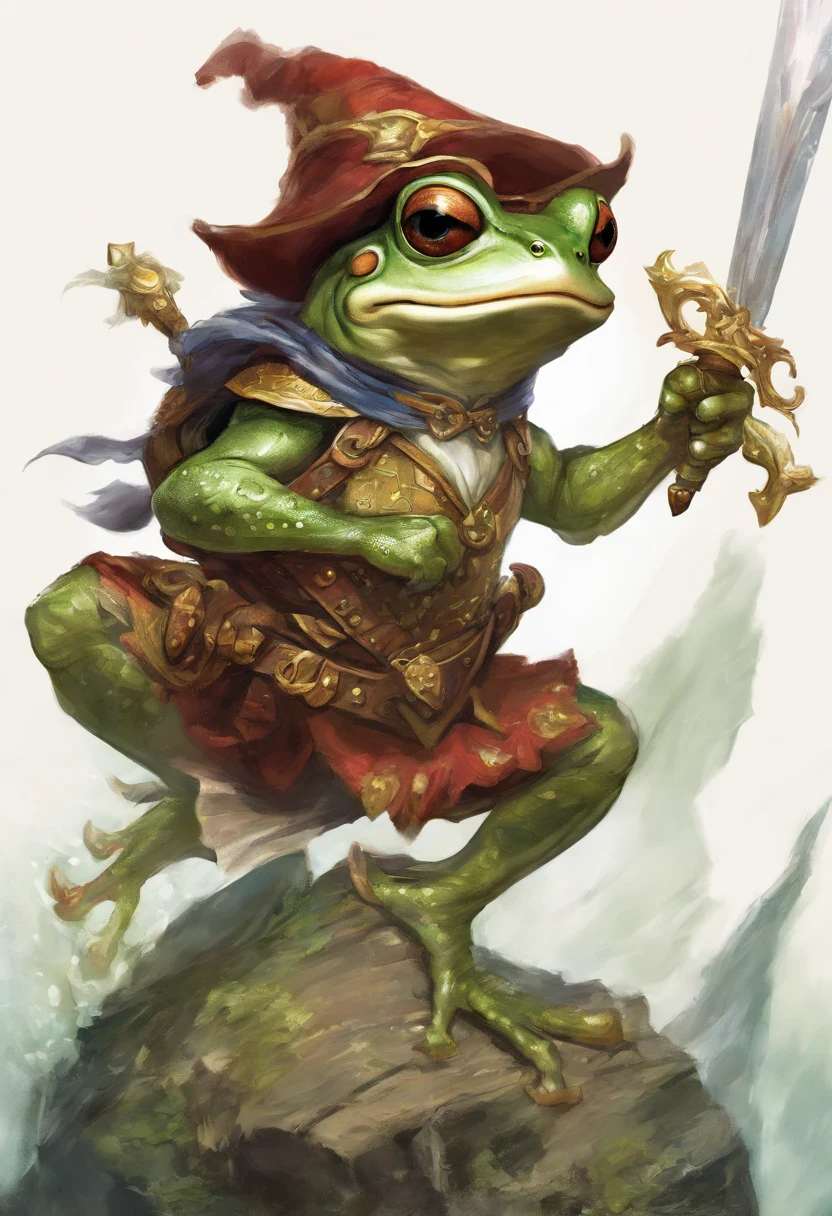 Warrior frog in action position , Tyler Edlin Arte de fantasia, Estilo de arte Humblewood, High Fantasy Illustration, guerreiro , Surpreendentemente detalhado D & D arte