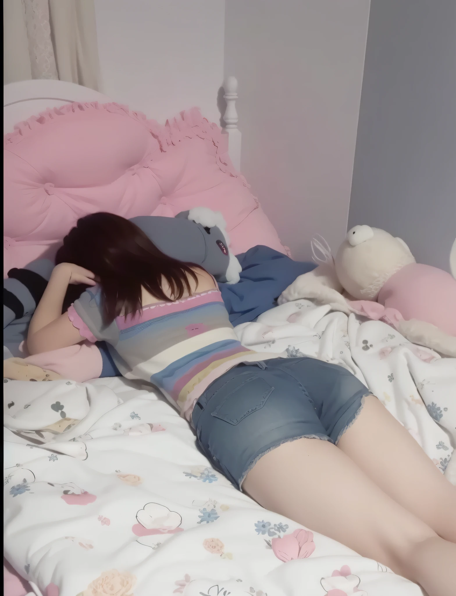 there  a woman laying on a bed with a pillow and a remote control, leaked photo, she  laying on her back, passed out, face shot, showing her face, sleeping princess!!!!, 18 years old, low quality photo, sleepy expression, a plaster on her cheek, candid photo, very very low quality picture
