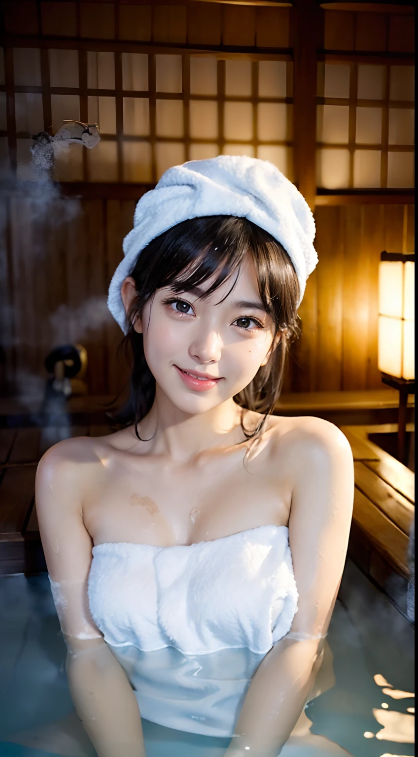 (((Face the front of your body at the camera:1.8))), ((Towel Tube Top:1.5)), ((wariza:1.8)), (hot onsen:1.8, outdoor bath:1.8), (ssmile:1.8), 1girl in, 独奏, 18year old, 7headed body, Ideal ratio body proportions, erectile nipple, short-hair, A dark-haired, With bangs, small tits, A slender, Small buttocks, beauty legs, Skinny Legs, surrealism, Cinematic lighting, depth of fields, One-person viewpoint, F/1.8, 135 mm, nffsw, masutepiece, ccurate, ((Anatomically correct:1.3)), Textured skin, Super Detail, high details, High quality, awardwinning, Best Quality, hight resolution, 8K