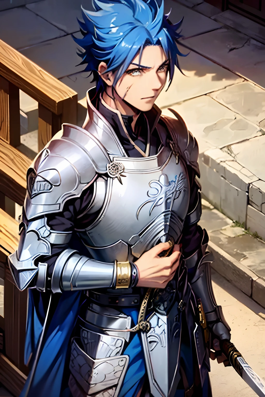 naotora takeda, spiky hair, blue hair, short hair, gold eyes, yellow eyes, scar on face, fore_head, sidelocks, navy kimono, japanese_clothes, white armor, male forcus, smily face, opened mouth, china, shanghai, holding a blade