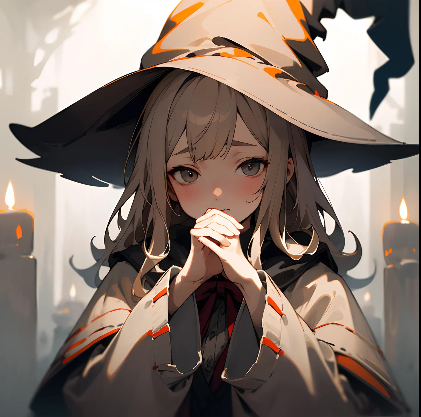 (​masterpiece、top-quality)、Wolfhair、1 woman with beige hair、Put your hands under your chin、Warm lighting、Dark gray cardigan、blurred foreground、Atmosphere Halloween、sorcerer、natta、witch's hat、