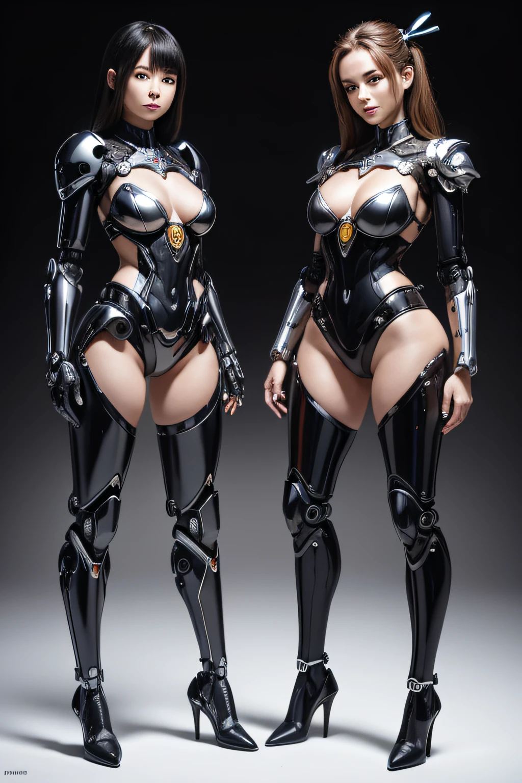 Mother and daughter transformed into robots　Only the face remains human　The whole body is mechanical and made of metal　Feet shaped like high heels　My daughter is a little short.　My mother is a little middle-aged　The bodies feel almost similar to each other　stand side by side、Smile at the master　Full body like, nffsw, retinas, masutepiece, ccurate, Anatomically correct, high details, Best Quality, hight resolution