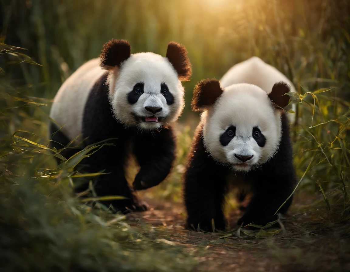 Two panda in a bamboo field playing with a babyl