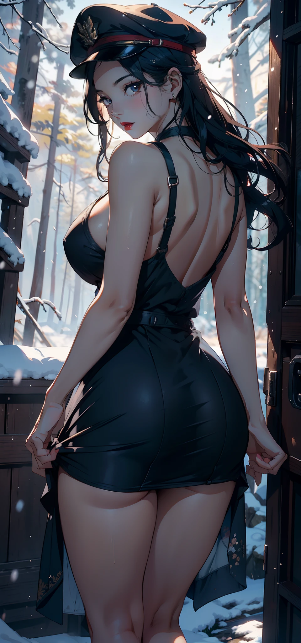 1female,1female,45 yers old,Married Woman,熟妇,mature,plumw,extremely large bosom,Big breasts Thin waist,long leges, 独奏,(Background with:coniferous forest,SakuraNS,at winter season,Snow on the ground) She has long black hair,bobo head,,seen from the front, standing in forest, mostly cloudy sky,(((tmasterpiece),(Very detailed CG unity 8K wallpaper),best qualtiy,cinmatic lighting,detailed back ground,beatiful detailed eyes,Bright pupils,Black eyes,Snow-whiteskin,Redlip(Very fine and beautiful),(Beautiful and detailed eye description),ultra - detailed,tmasterpiece,))facing at camera,A high resolution,ultra - detailed),laughingly,revealing breasts,Bare genitalia, Bulge,legs are open,Raised sexy,Camel toes,Flushed complexion,Desire for dissatisfaction,frontage,Navy(Wearing:Blue officer dress,Officer's cap)tucking up the skirt,The reveal panties
