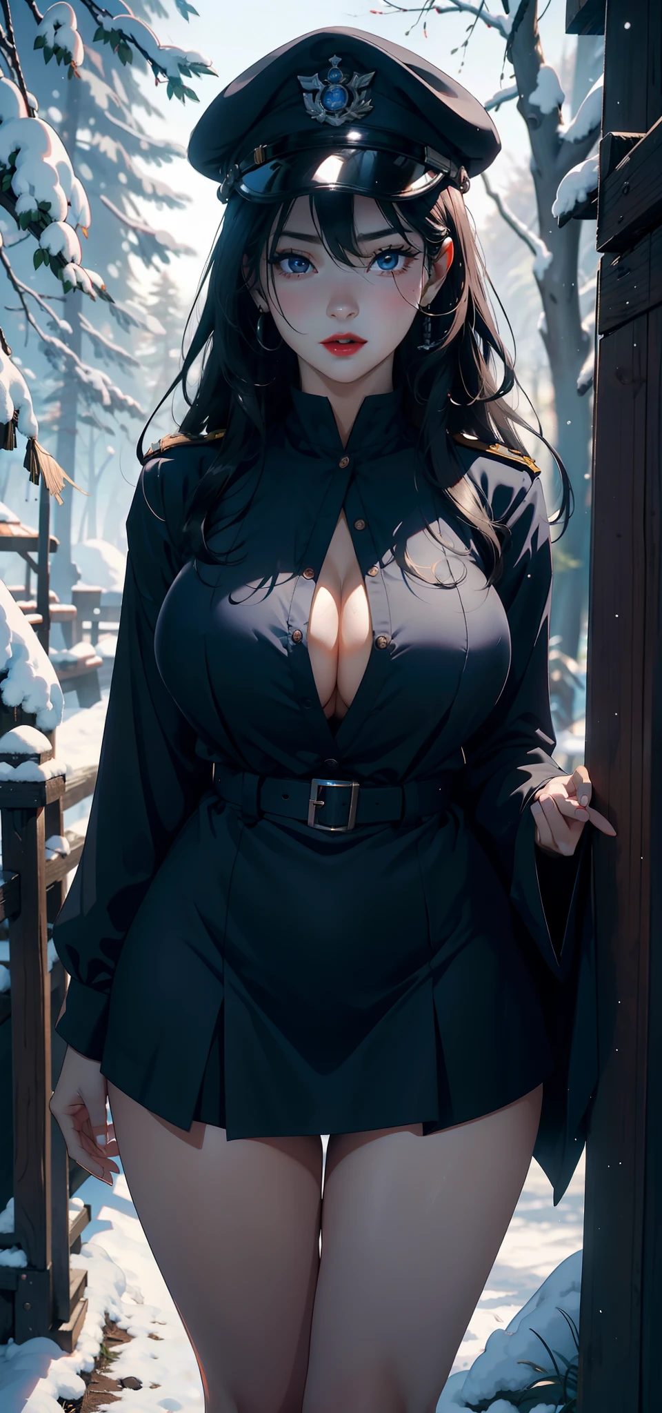 1female,1female,45 yers old,Married Woman,熟妇,mature,plumw,extremely large bosom,Big breasts Thin waist,long leges, 独奏,(Background with:coniferous forest,SakuraNS,at winter season,Snow on the ground) She has long black hair,bobo head,,seen from the front, standing in forest, mostly cloudy sky,(((tmasterpiece),(Very detailed CG unity 8K wallpaper),best qualtiy,cinmatic lighting,detailed back ground,beatiful detailed eyes,Bright pupils,Black eyes,Snow-whiteskin,Redlip(Very fine and beautiful),(Beautiful and detailed eye description),ultra - detailed,tmasterpiece,))facing at camera,A high resolution,ultra - detailed),laughingly,revealing breasts,Bare genitalia, Bulge,legs are open,Raised sexy,Camel toes,Flushed complexion,Desire for dissatisfaction,frontage,Navy(Wearing:Blue officer dress,Officer's cap)tucking up the skirt,The reveal panties
