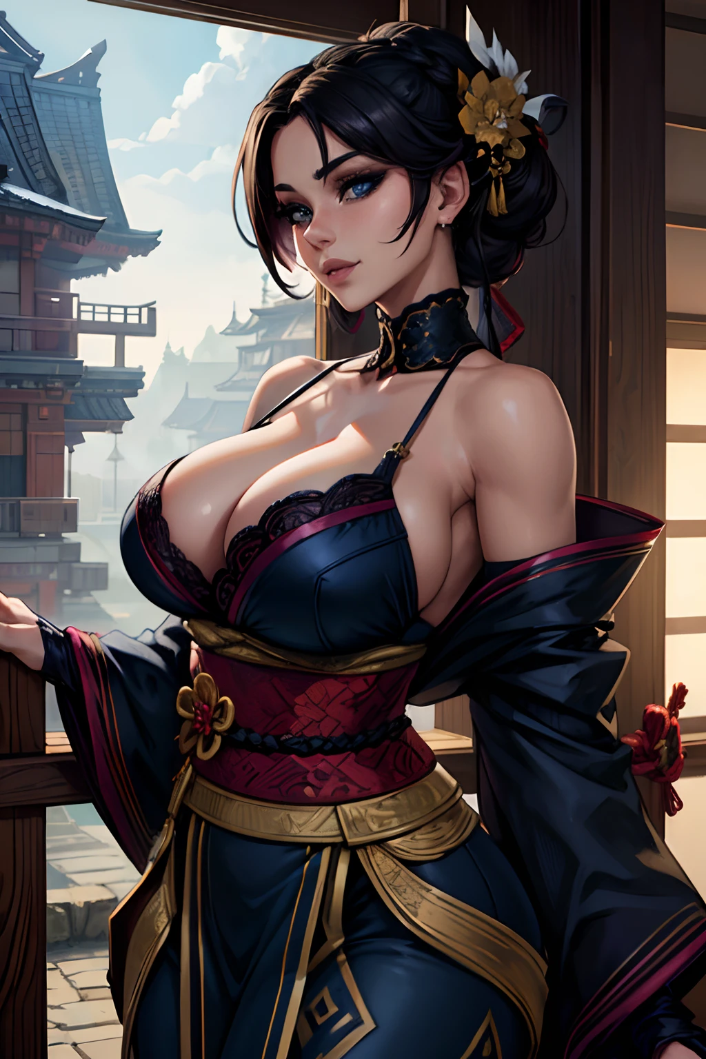 A beautiful flirtatiously smiling woman, a very busty ronin wearing gold lace kimono, Meiji restoration, blue eyes, yojimbo, cleavage, bare shoulders, HD, UHD, WLOP, Artgerm, French braid hairstyle, a view from the side and above, large anime eyes, realistic eyes, highly detailed eyes, natural skin, natural skin texture, subsurface scattering, muted colors, skin pores, perfect face, perfect eyes, perfect full lips, supple female form, vivid, cinematic, Film light, Hyper detailed, Hyper-realistic, masterpiece, atmospheric, High resolution, Vibrant, High contrast, dark angle, 8k, HDR, 500px, Art by Redjuice