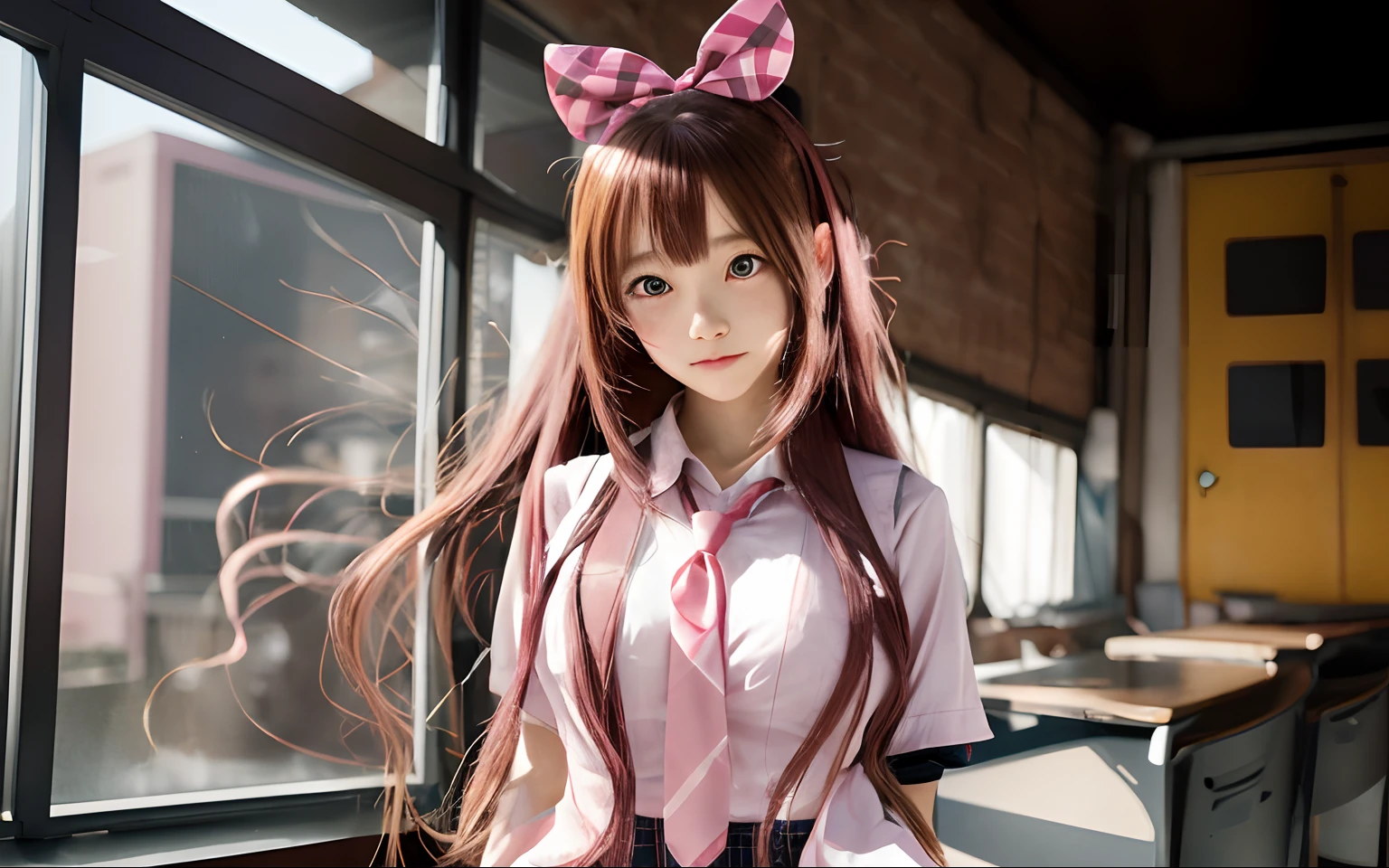 anime girl with long hair and pink bow posing for a picture, anime girl in real life, hyper realistic anime, hyperrealistic schoolgirl, a hyperrealistic schoolgirl, realistic anime 3 d style, beautiful anime high school girl, realistic young anime girl, anime girl cosplay, anime character, photorealistic anime, anime barbie doll, 3 d anime realistic, young anime girl