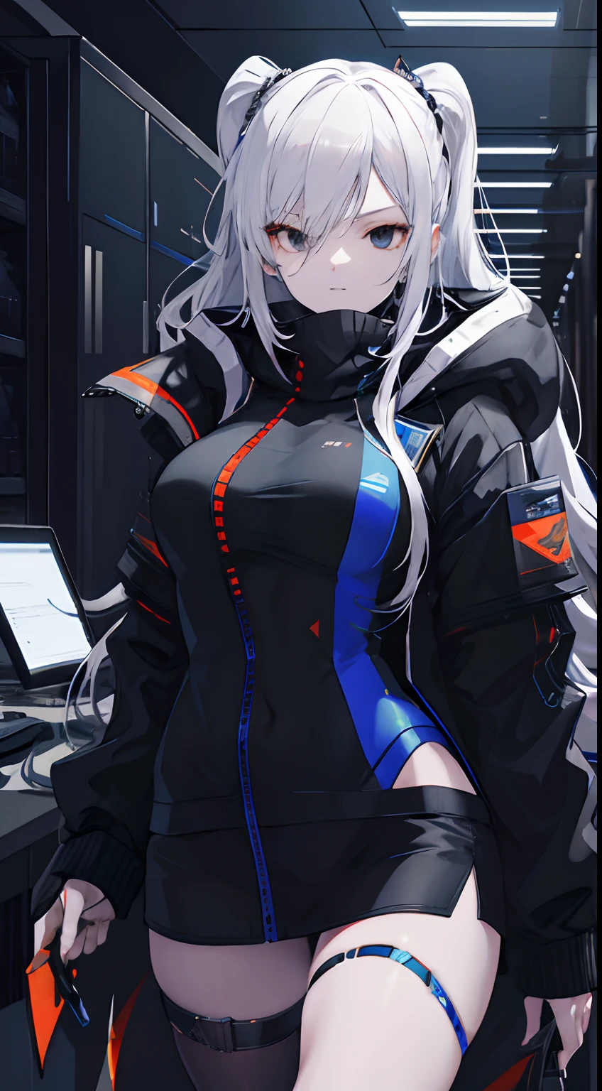 (absurdres, highres, ultra detailed), 1woman, mature female, aged up, wavy long hair, white hair, black eyes, bangs, long sleeves, finely detailed eyes and detailed face, extremely detailed CG unity 8k wallpaper, intricate details, portrait, looking at viewer, solo, (full body:0.6), detailed background, detailed face, (matrix theme:1.1) evil high-tech futuristic hacker,  advanced technology, hoodie, techwear, wearable device, keycard, cables, head-up display, blue (holographic display:1.05), access granted,   cybersecurity, server room in background, orange lights,  dark sinister atmosphere, , portrait, wind swirling