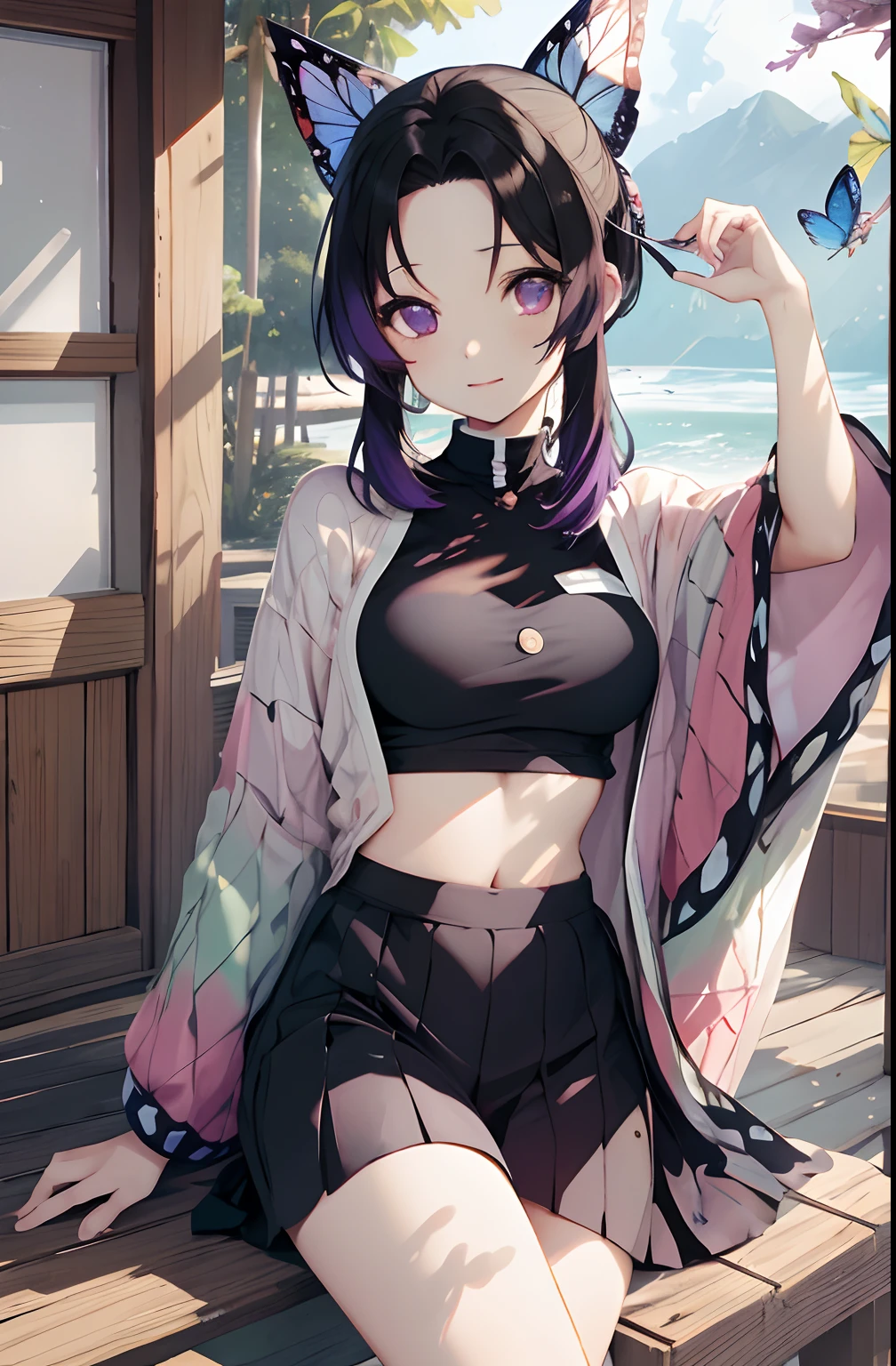 Kochou Shinobu, 1girl,master part, cabelos multicoloridos,manga, Purple eyes,decote, sbikini, ((sexy, lascivo, Erotica,  Clivagem longa)) , Multiple Butterflies, , Lake sunset, Reflexo da lente, perfect lighting, extremely high quality, hands behind, coxas grossas, seios grandes, extremely high quality, high resolution.