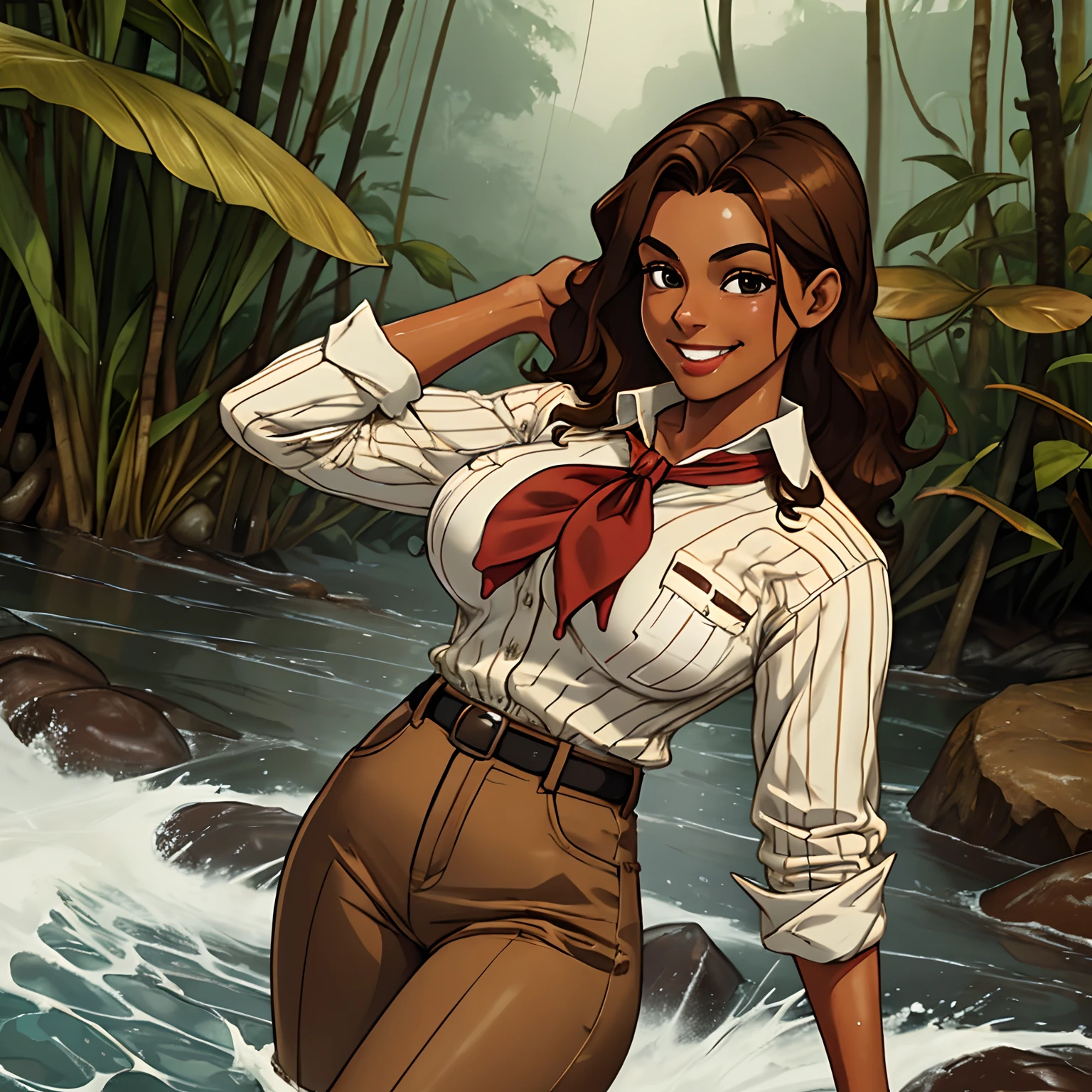 Abigail Shapiro, red neckerchief, brown skin, brown hair, large breasts, thin waist, wide hips, smile, White button shirt with pinstripes, brown pants standing in the Amazon river, wet, water flowing, jungle