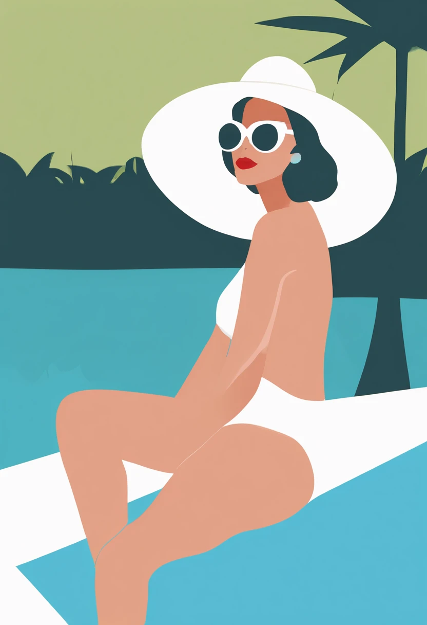 Illustration style, James Gilliard artwork, Flat illustration, in style of digital illustration, Magazine illustration, Editorial Illustration, digital illustration -,Flat Illustration, symple background, Comical poses, Woman in sunglasses, Twosome, Old-fashioned swimwear, buruma,