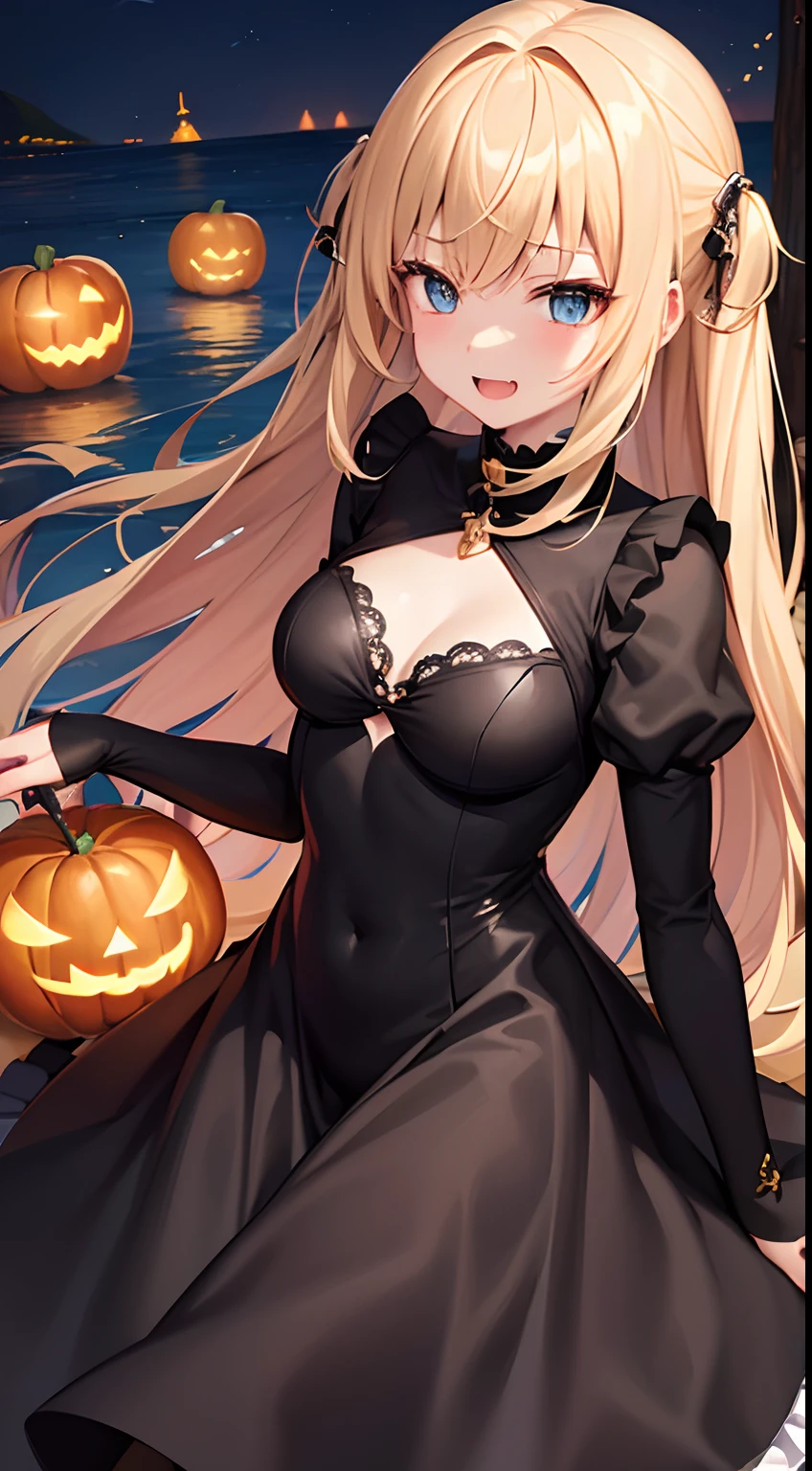hight resolution、hightquality、ultra-detailliert、8k wallpaper、1人の女性、adult-like、Beautiful fece、Shark costume、The teeth are shark fangs、Kamimei、Melancholy is in the air、Feelings of lovers、Be loved、familiarity、Gold and black dress、Gold and black background、a blond、Sprinkled with Halloween pumpkins、opulent、Less exposure