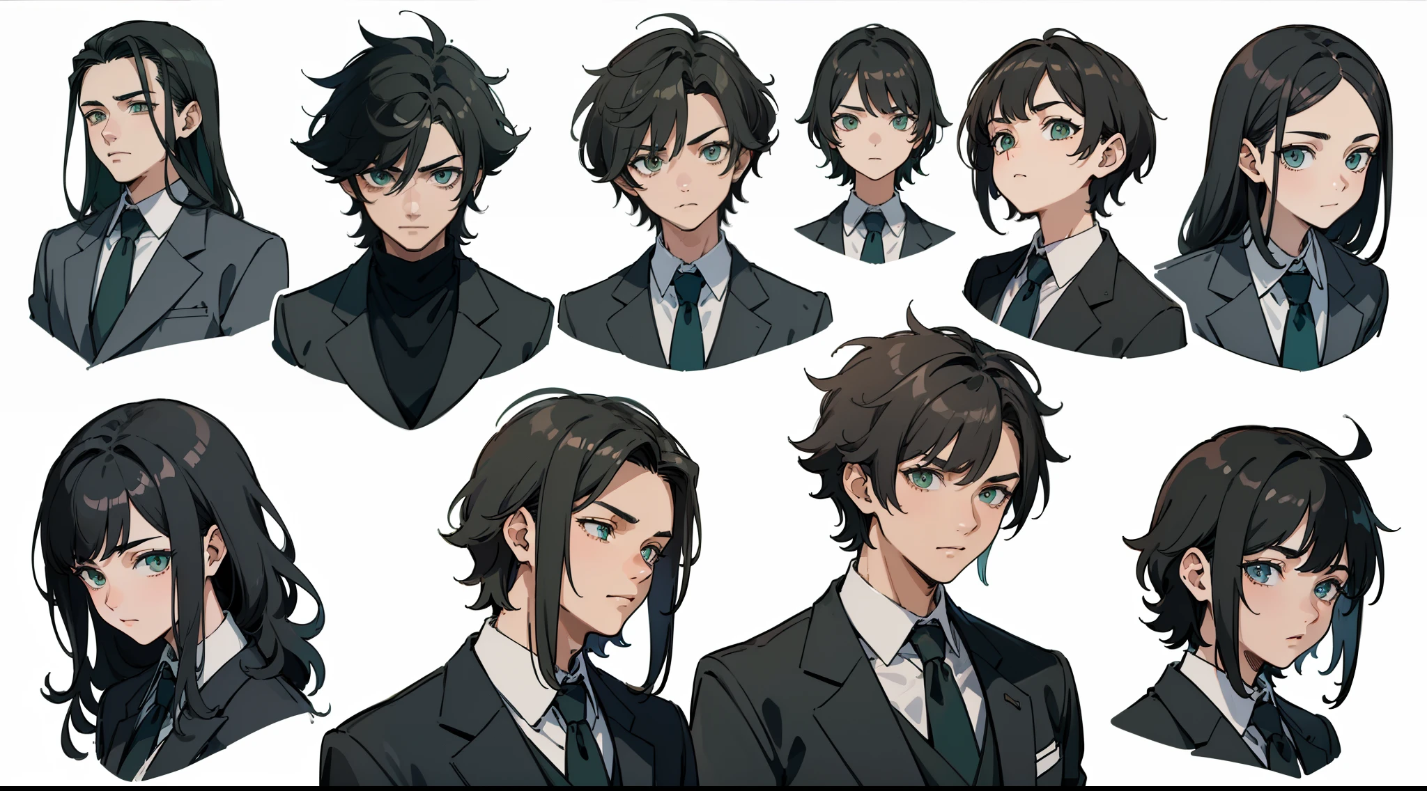 ((Masterpiece, Highest quality)), Detailed face, character sheets, full bodyesbian, 1boys, Green eyes, Black hair, short detailed hair, Messy hair, ((pointy hair)), hair between eye,Suits, gray theme, Full of details, Multiple poses and expressions, Highly detailed, Depth, Many parts