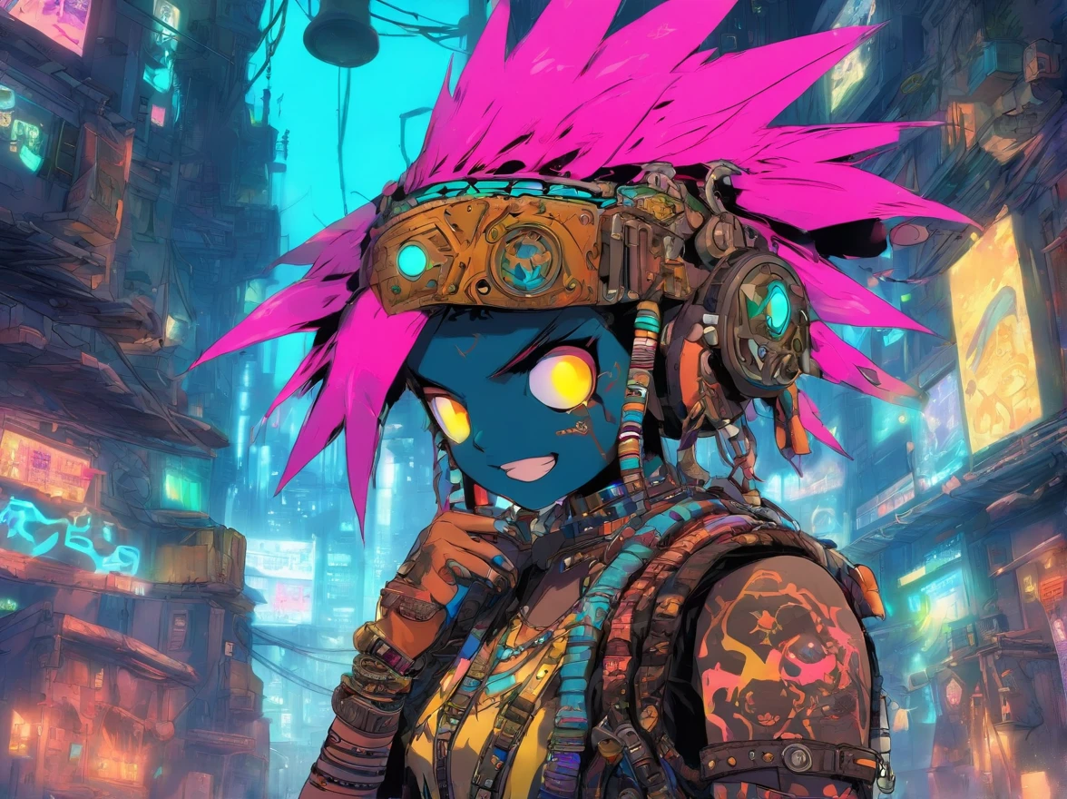 um androide indigena,punk usando um bone steam punk em um laboratorio pixado sintetizadores em uma favela pos apocaliptica