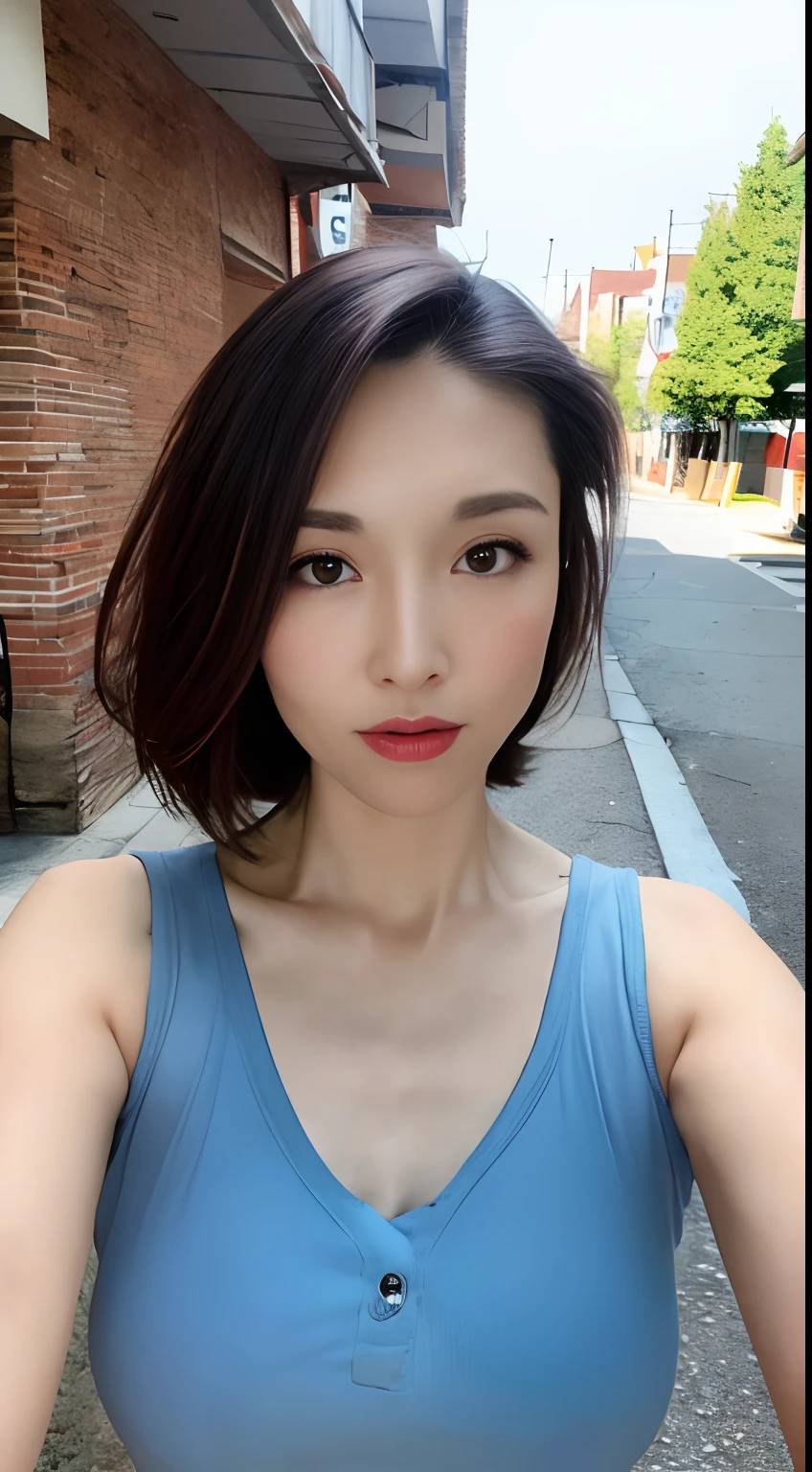 ((Best quality, 8k, Masterpiece :1.3)), Sharp focus :1.2, A pretty woman with perfect figure :1.4, Slender abs :1.2, ((Layered haircut, Big breasts :1.2)), (Tank top shirt :1.1), (Street :1.2), Highly detailed face and skin texture, Detailed eyes, Double eyelid