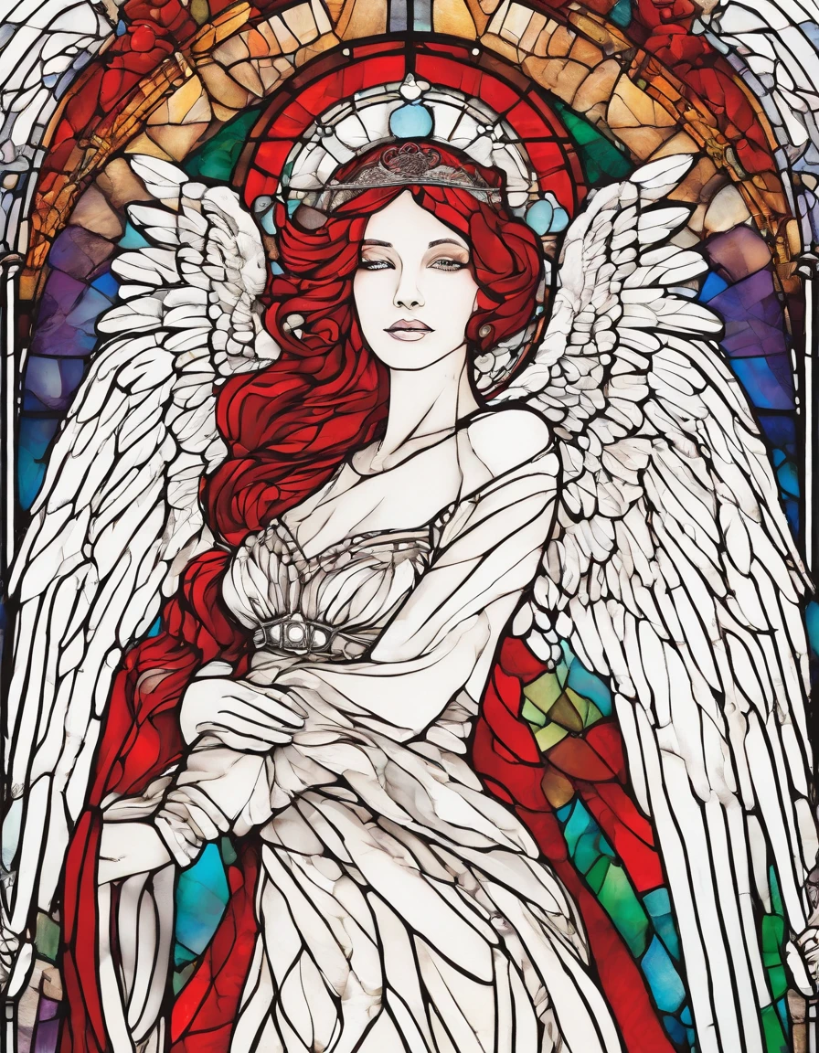 Singer with a white half-mask, large angel wings, Vestido largo rojo, inocencia, y un disco de vinilo en las manos